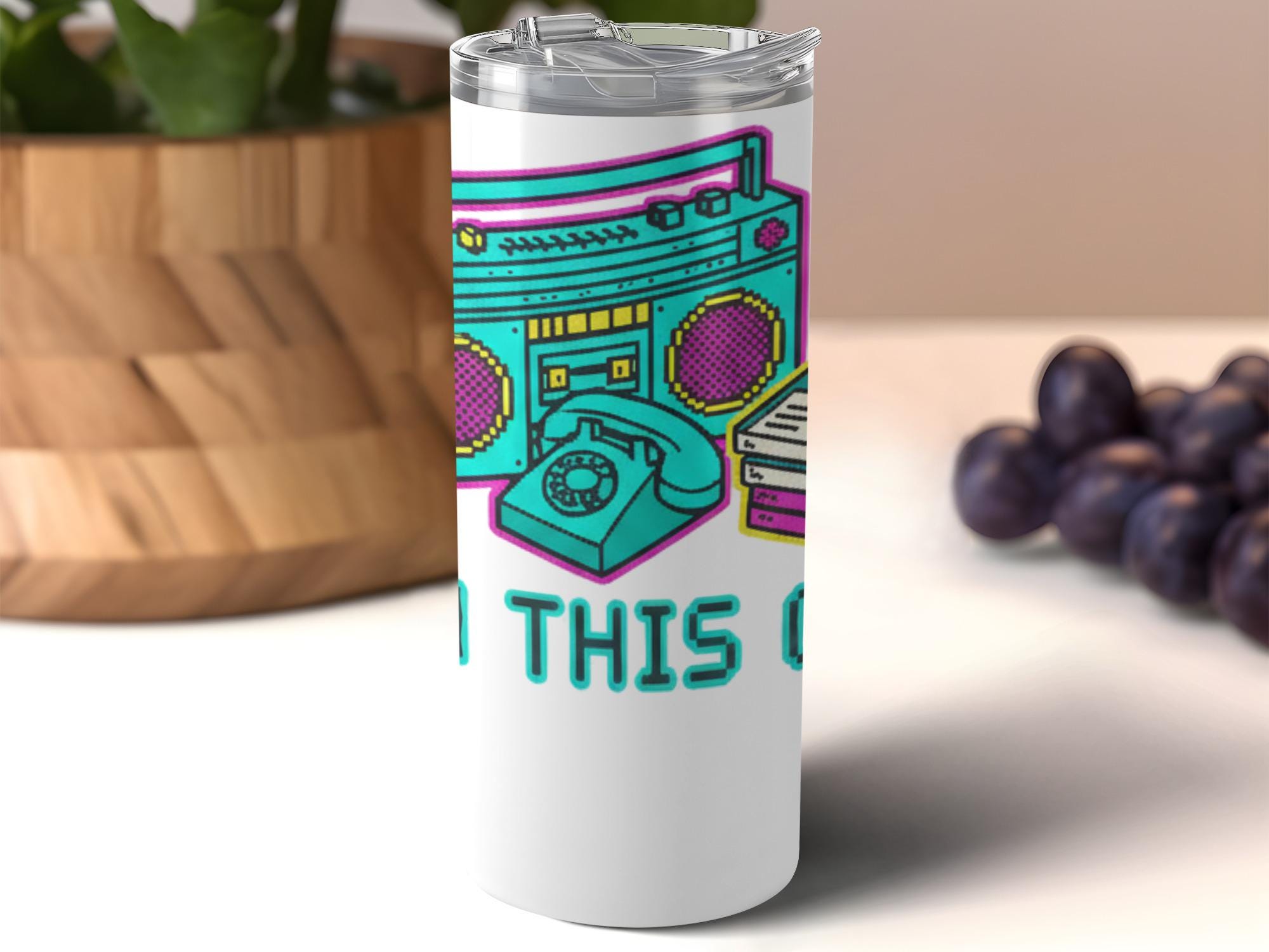 Retro Boombox and Telephone Design Insulated Tumbler, Vintage Music Lover Gift, 80s 90s Nostalgic Drinkware, Graphic Art Tumbler