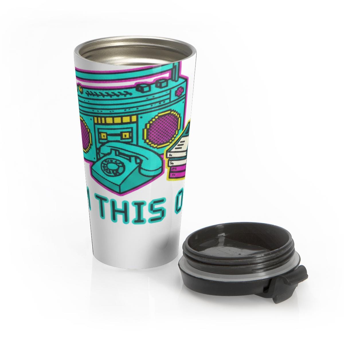 Retro Boombox Travel Mug 16 oz, Insulated Coffee Tumbler with Lid, Vibrant Print Portable Drinking Cup, Unique Gift for Music Lovers