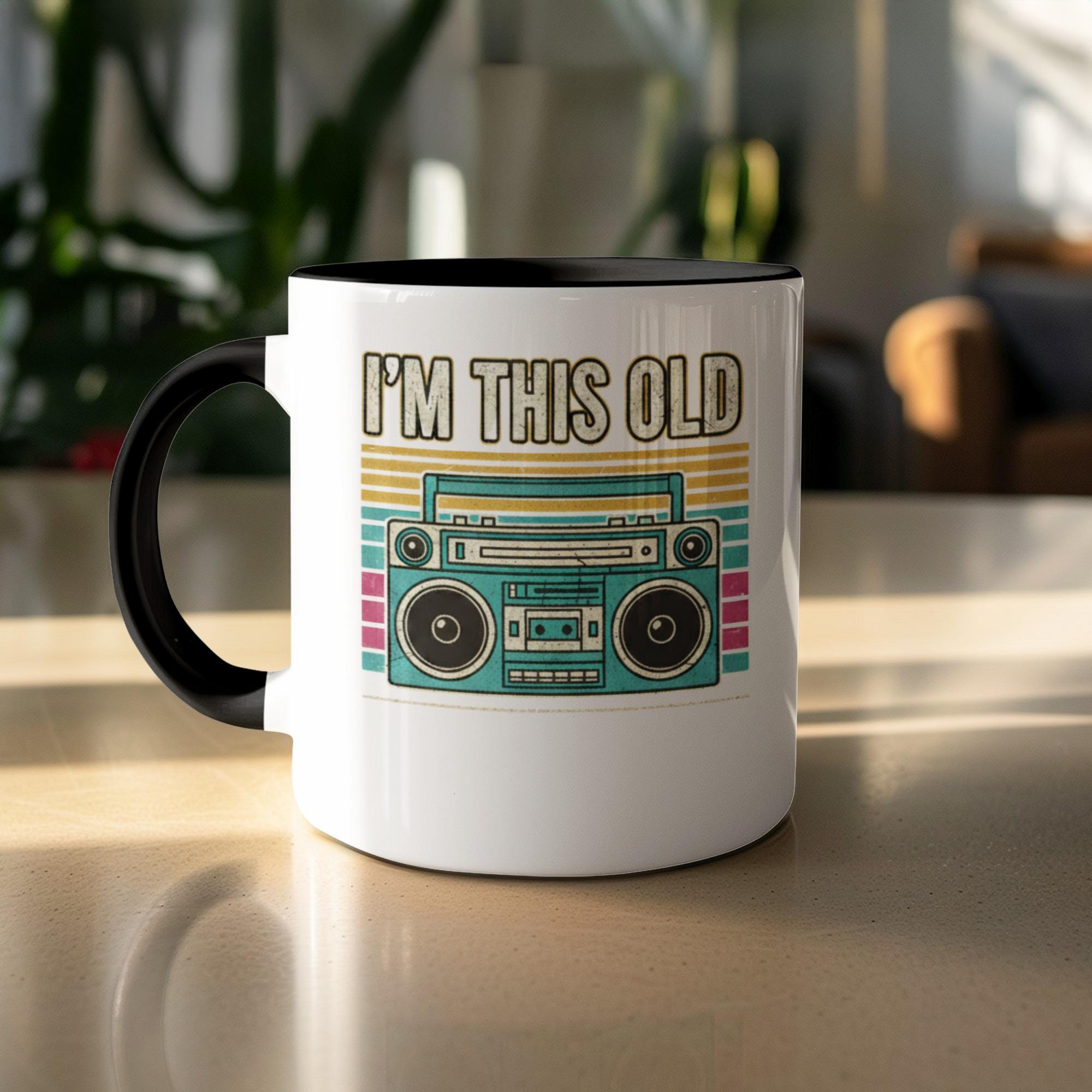 Retro boombox coffee mug, 80s nostalgia vintage cassette tape design, fun gift idea, I'm this old mug, classic music lovers cup