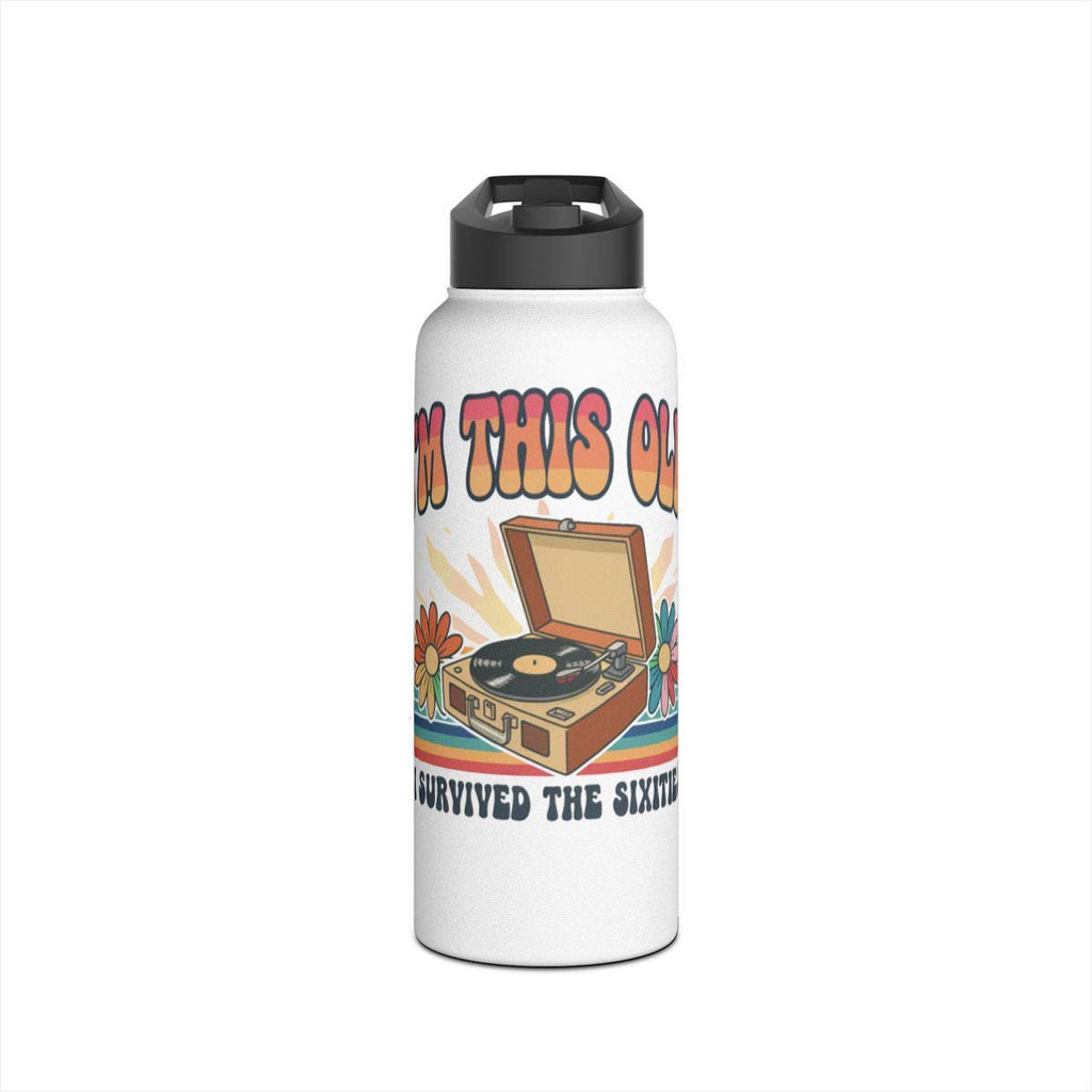 Vintage Record Player Water Bottle, Retro 60s Themed Water Bottle, Nostalgic Music Lover Gift, I Survived The Sixties, Groovy Design Flask