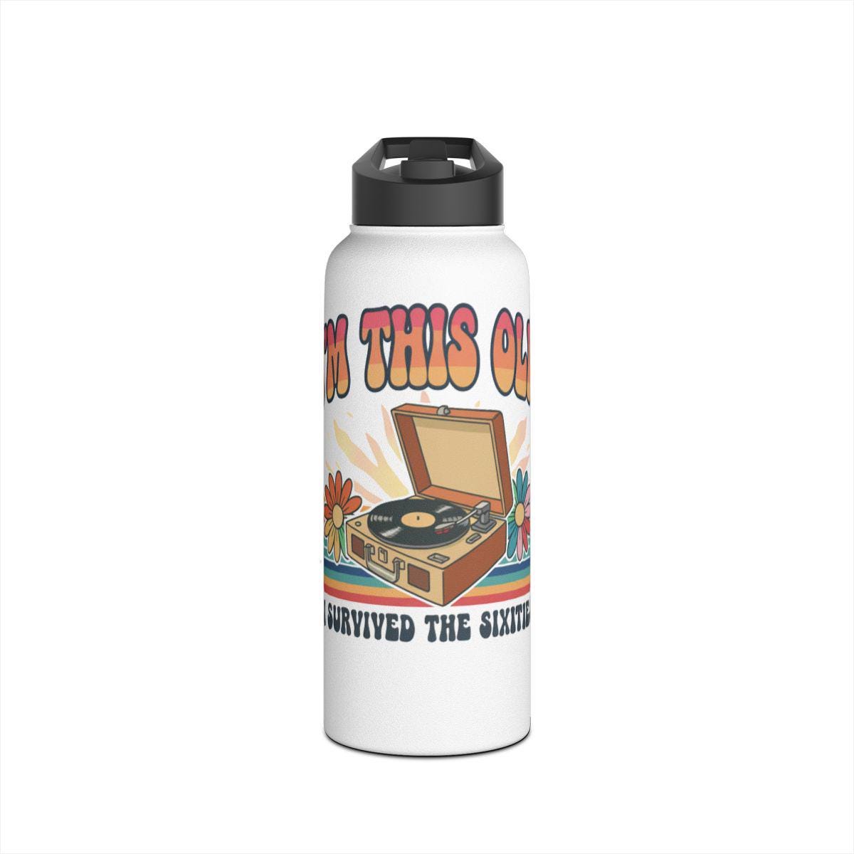 Vintage Record Player Water Bottle, Retro 60s Themed Water Bottle, Nostalgic Music Lover Gift, I Survived The Sixties, Groovy Design Flask