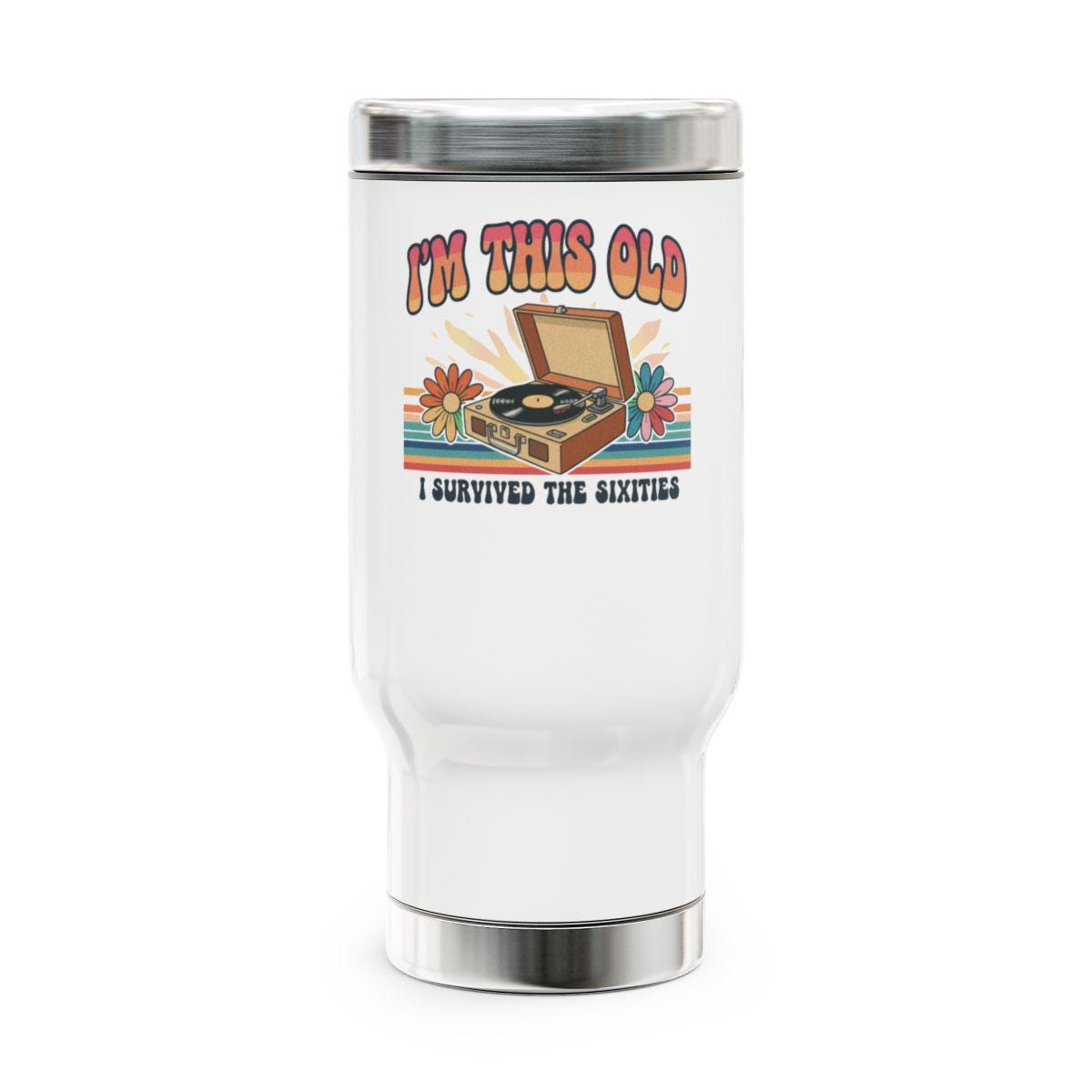 I'm This Old I Survived The Sixties Mug, Retro Vinyl Record Player Design, Vintage Music Lover Gift, Fun Nostalgic Coffee Tumbler