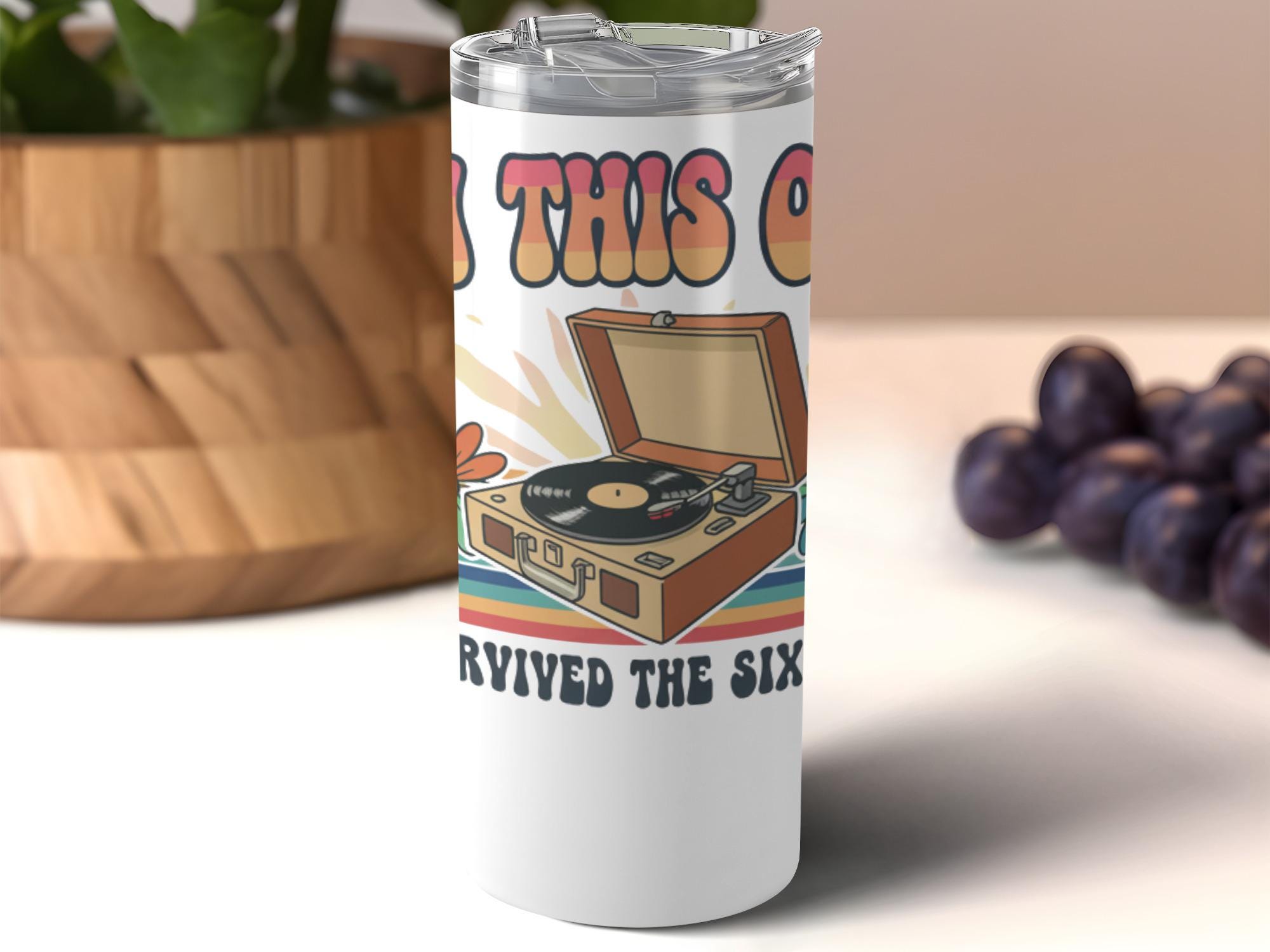 Retro Record Player Tumbler, Vintage Music Lover Gift, 70s Inspired Drinkware, Classic Vinyl Enthusiast Coffee Cup, Groovy Design