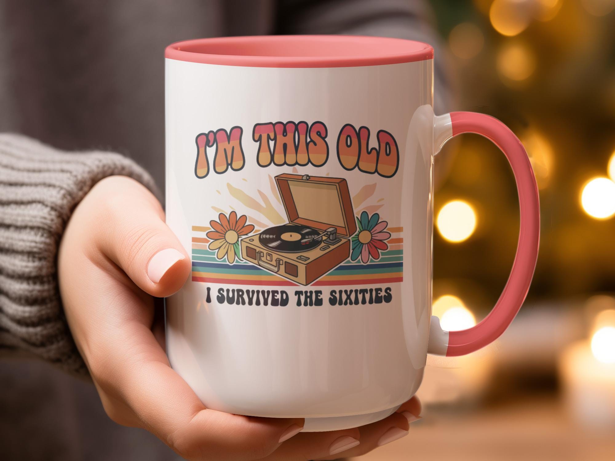 Vintage I Survived the Sixties Mug, Retro Record Player Coffee Cup, Nostalgic Sixties Gift, Funny 60s Memory Mug, Colorful Floral Design