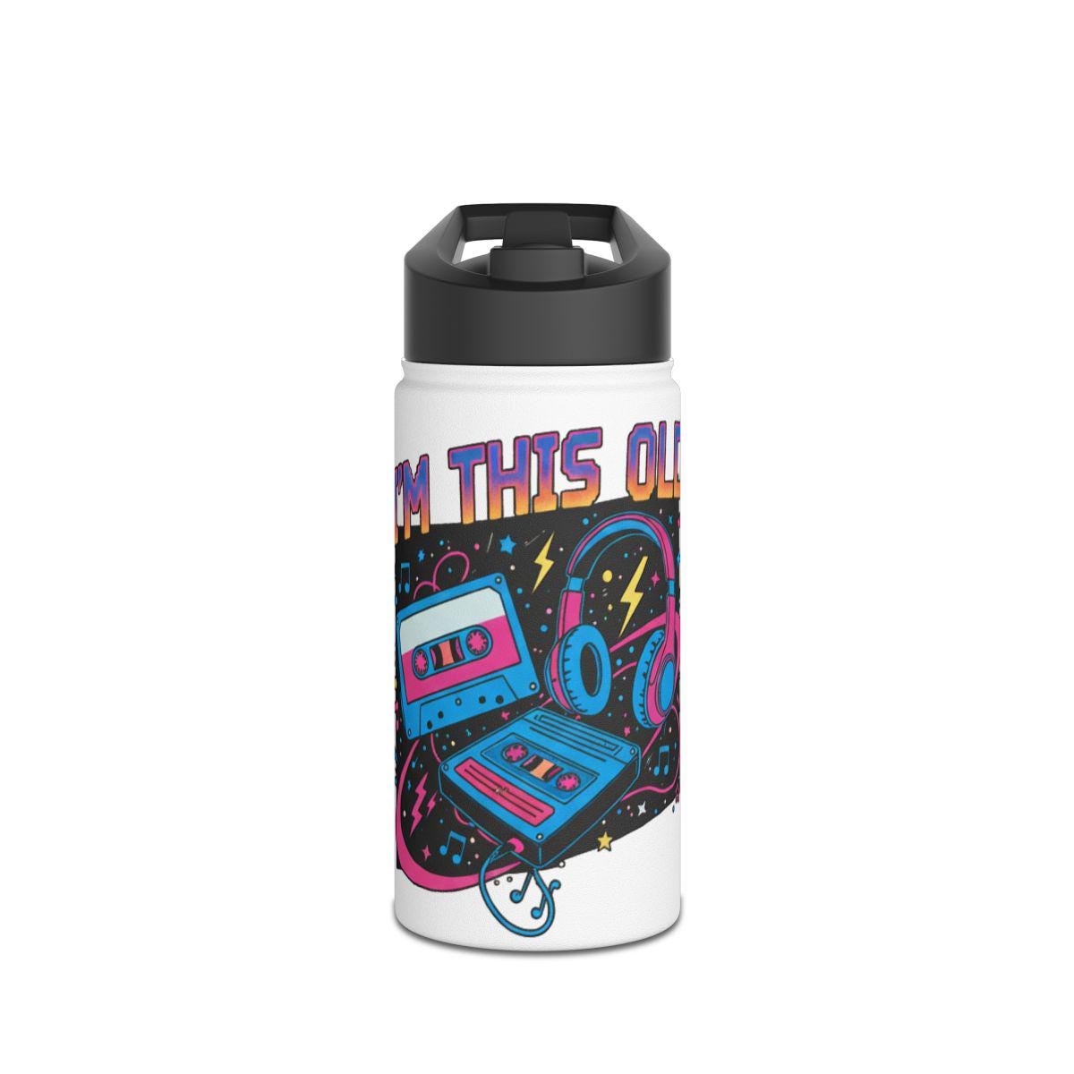 Vintage Cassette Tape and Headphones Design Water Bottle, Retro Music Lover Gift, Unique Water Flask for School Office Gym