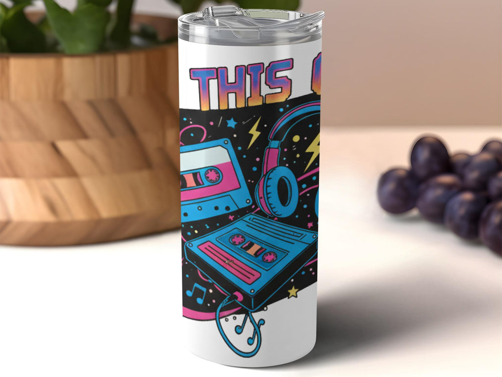 Retro cassette tape and headphones, colorful music lover tumbler, unique DJ gift, fun vintage design drinkware