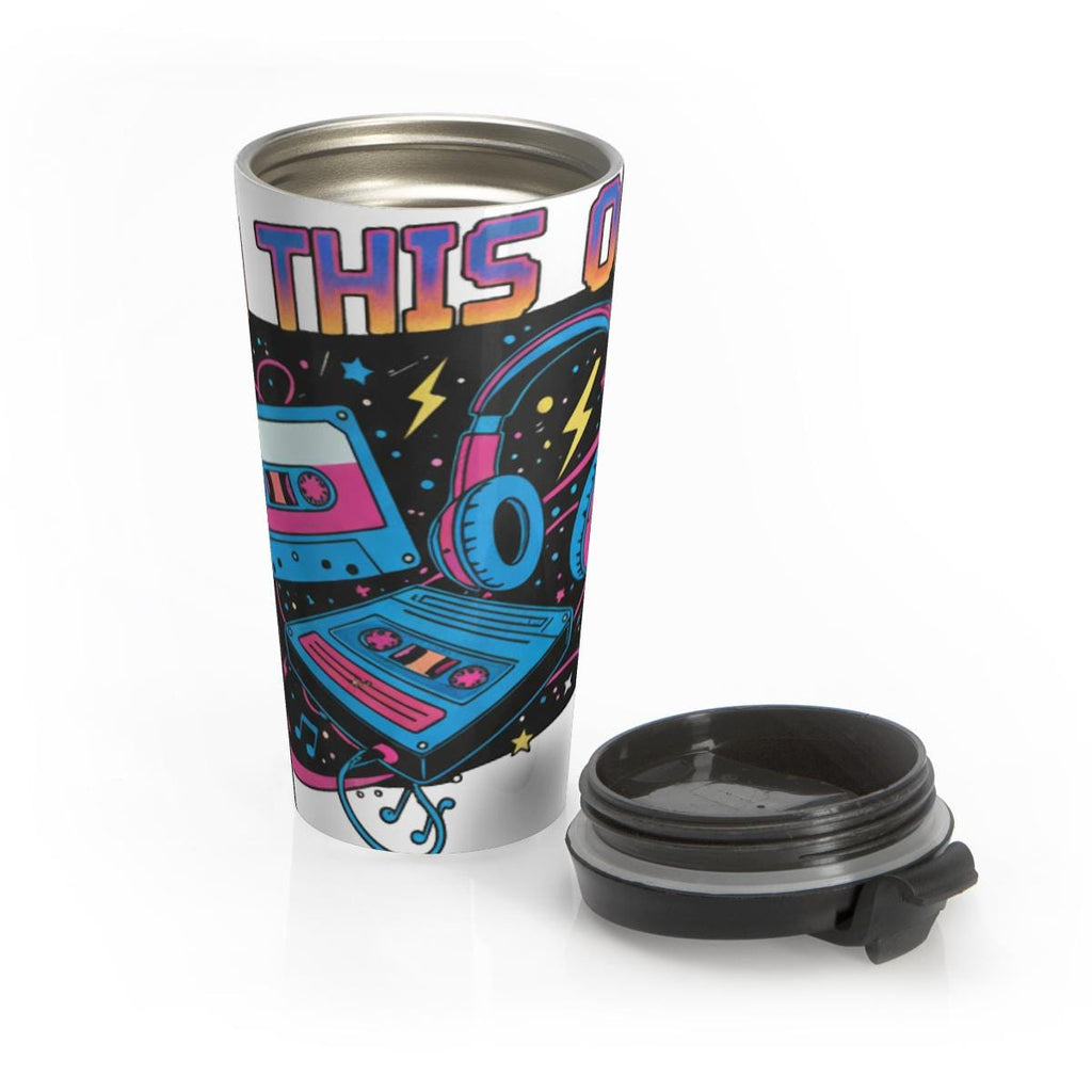 Retro Music Travel Mug, 80s Cassette Tape Tumbler, Vintage Headphones Cup, Space Theme Coffee Mug, Funky Travel Cup for Music Lovers