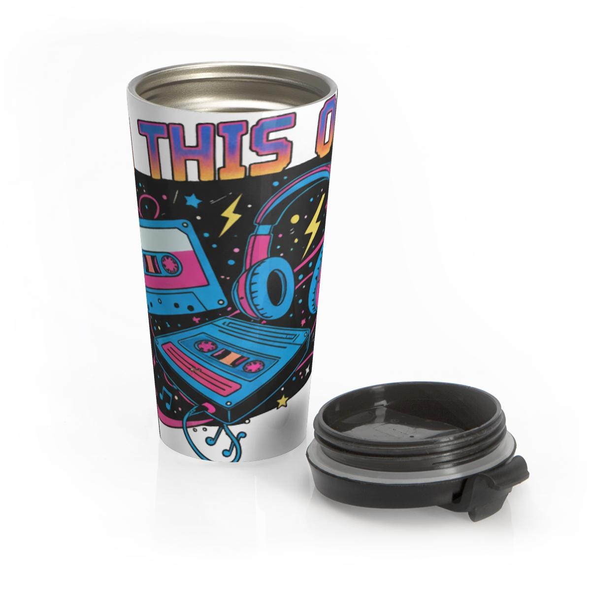 Retro Music Travel Mug, 80s Cassette Tape Tumbler, Vintage Headphones Cup, Space Theme Coffee Mug, Funky Travel Cup for Music Lovers