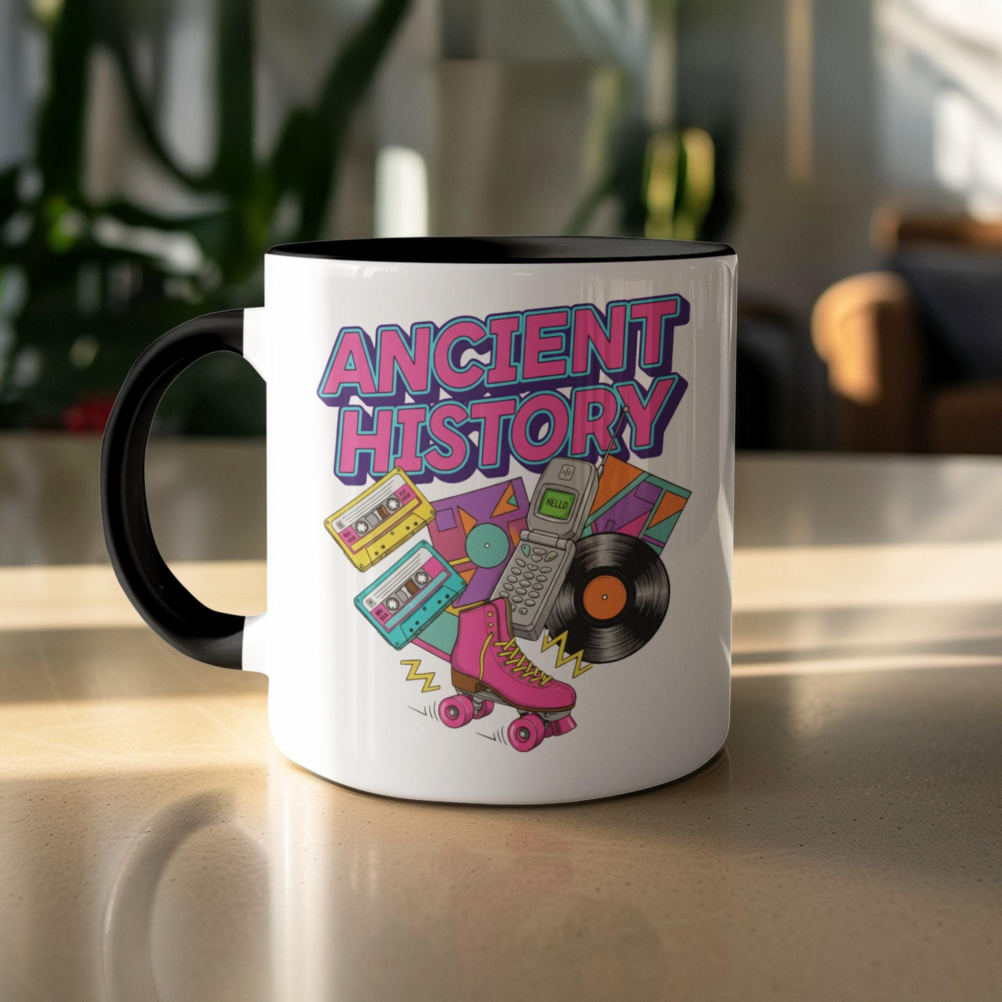 Ancient History Graphic Mug, Retro Themed Coffee Cup, Vintage Style Drinkware, Classic Design Ceramic Cup, Collectible Gift Mug
