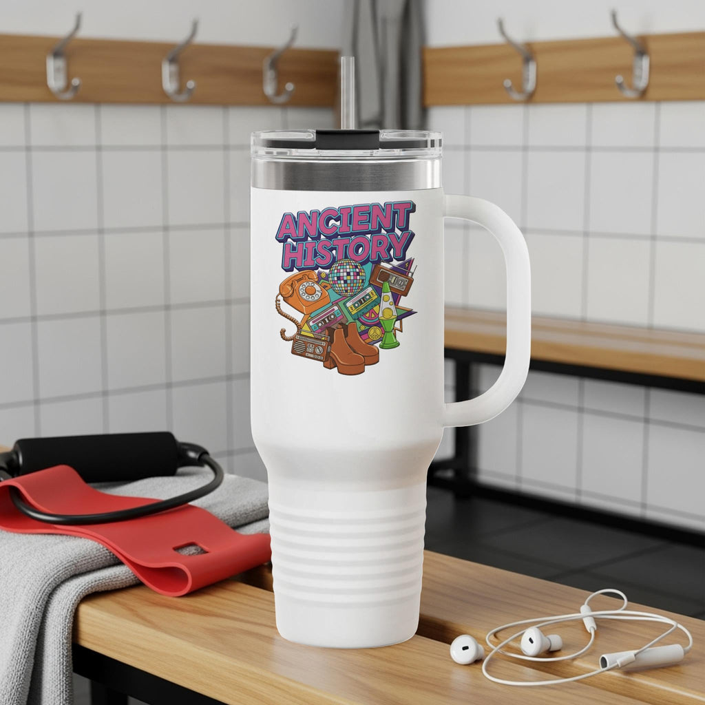 Ancient History Tumbler, Retro Gaming Design, Travel Mug with Handle, Gamer Gift, Vintage Arcade Graphic, Geeky Drinkware