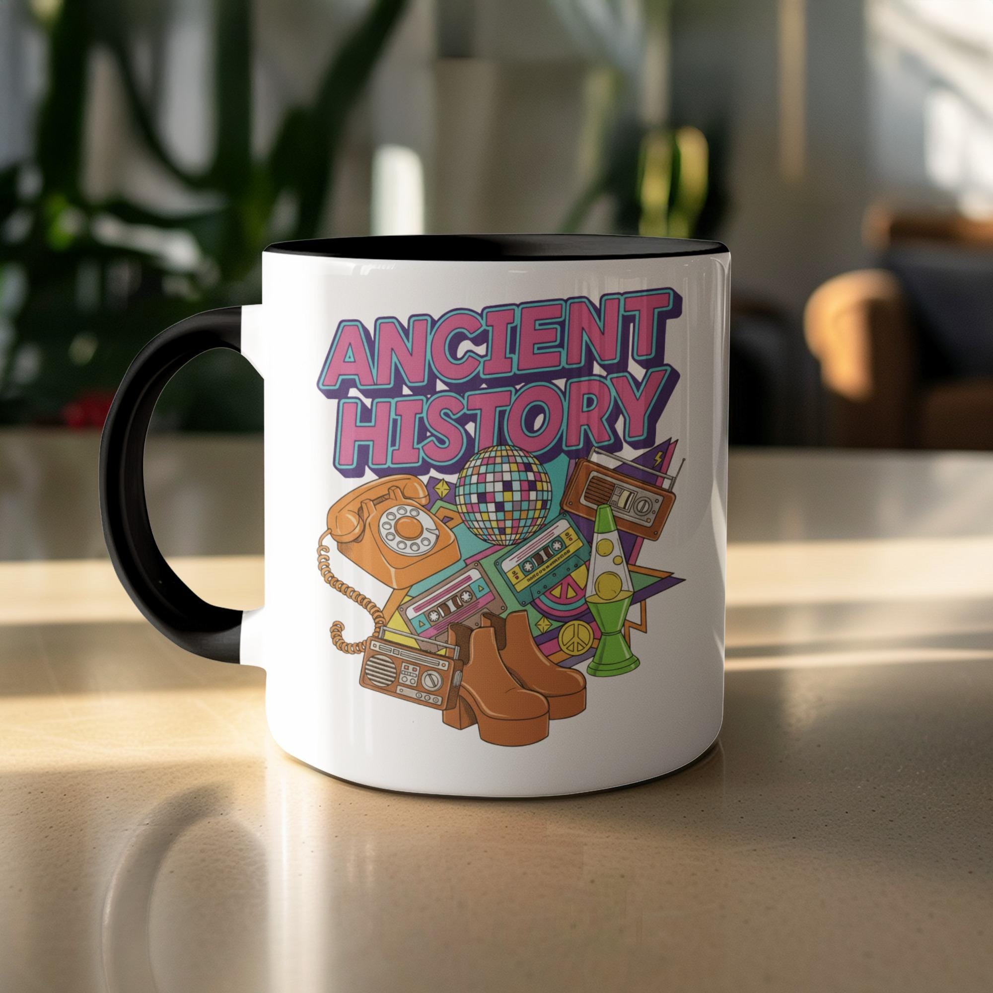 Ancient History Mug, Retro Style Coffee Cup, Unique Gift for History Buffs, Fun Vintage Design, Perfect for 80s 90s Lovers