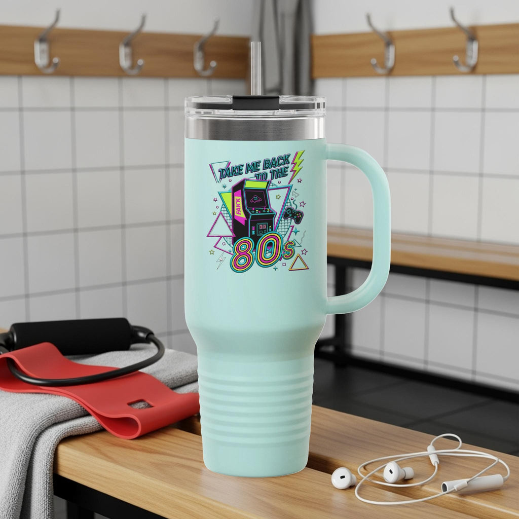 Retro Neon 80s Tumbler, Vintage Arcade Design Travel Mug, 1980s Nostalgia Gift, Unique Coffee Thermos, 80s Theme Drinkware
