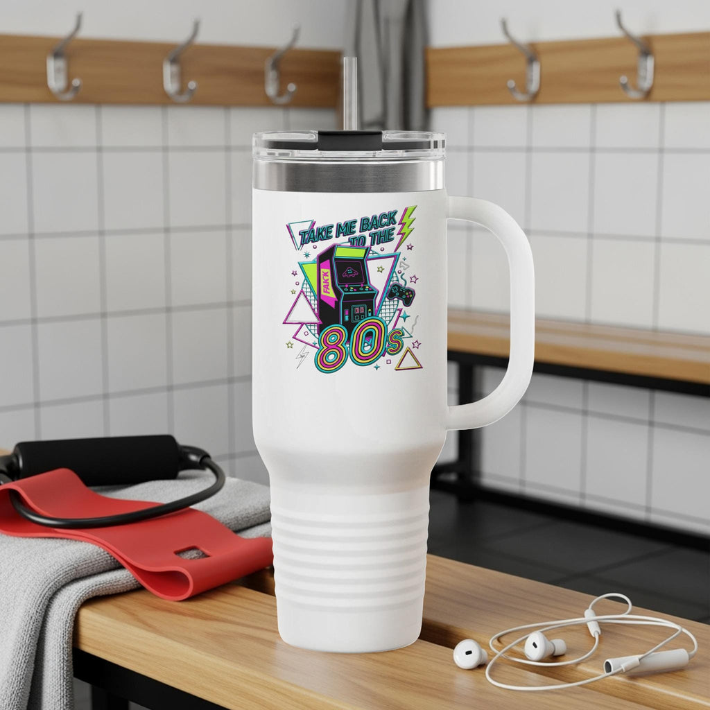 Retro 80s Travel Mug, Take Me Back To The 80s Coffee Tumbler, Nostalgic 80s Arcade Design, Vintage Themed Drinkware Gift