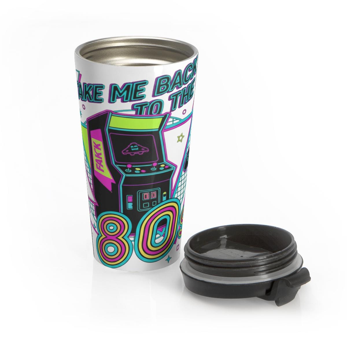 Retro 80s Arcade Travel Mug, Vintage Gaming Coffee Tumbler, 80s Nostalgia Gift, Gamer Drinkware, Colorful Fun Design