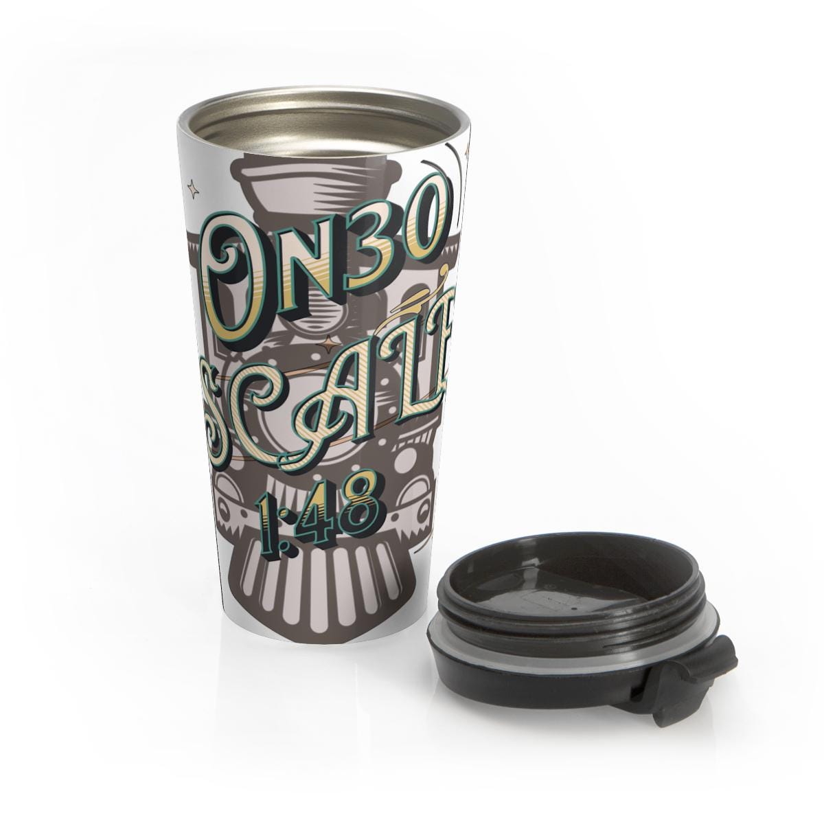 On30 Scale 1:48 Travel Mug, Model Train Collectible Tumbler, Train Enthusiast Gift, Unique Railway Memorabilia, Coffee Lover's Cup