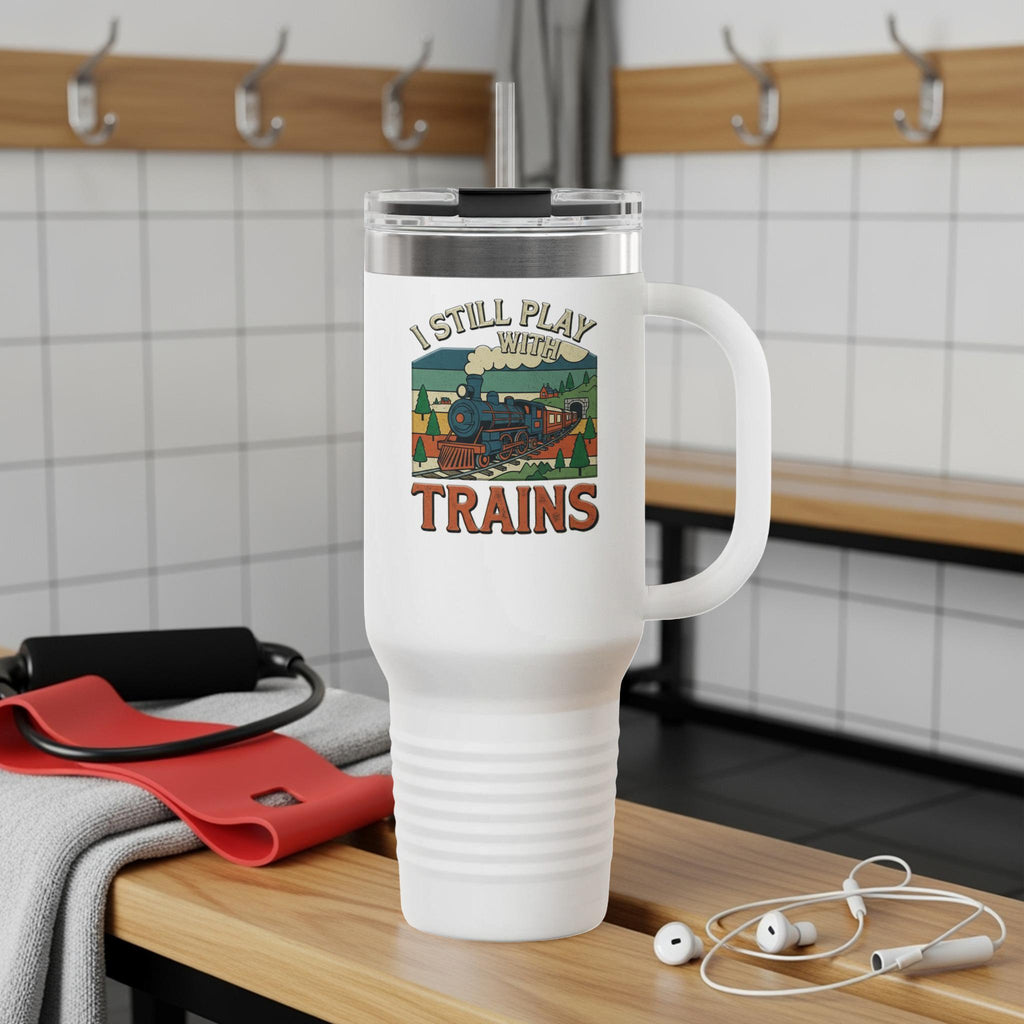 I Still Play With Trains Travel Mug, Train Enthusiast Gift, Train Collector Accessory, Retro Train Design, Commuter Mug