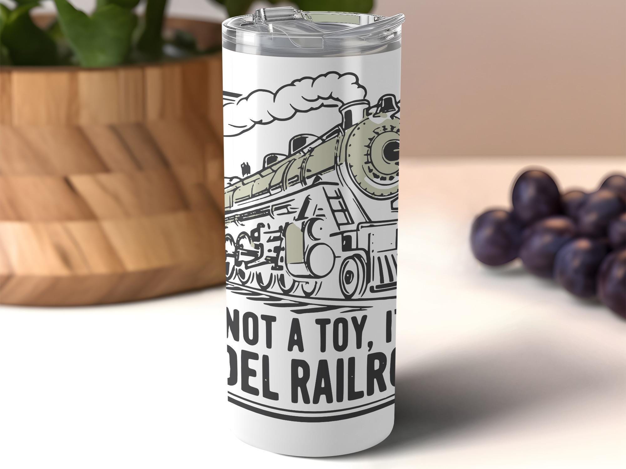 Vintage Train Print Travel Tumbler, Retro Locomotive Themed Coffee Mug, Classic Railfan Gift, Steam Engine Artwork Bottle