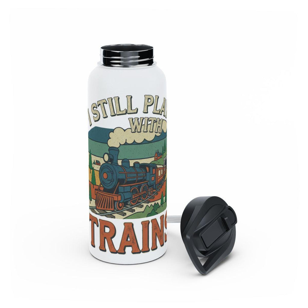 Vintage Train Water Bottle, I Still Play With Trains, Railroad Enthusiast Gift, Train Lover Bottle, Locomotive Themed Drinkware