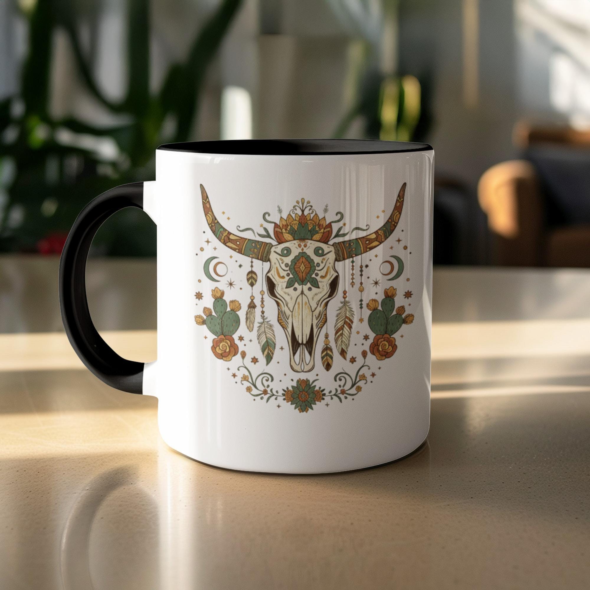 Ceramic bull skull design mug, Southwestern decor coffee cup, Bohemian style morning beverage mug, Artistic printed ceramic cup