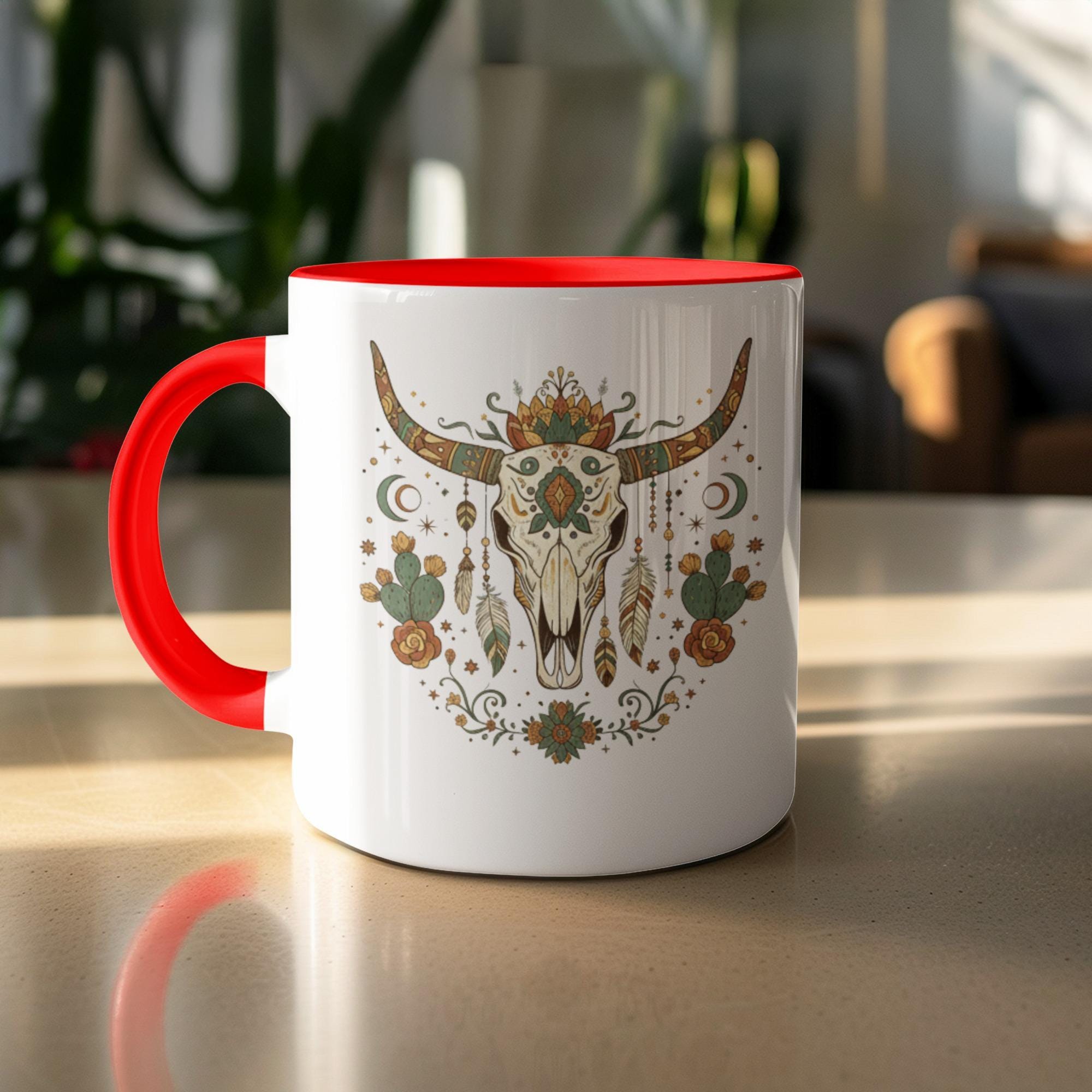 Bull Skull Mug, Western Boho Coffee Cup, Southwestern Decor Mug, Unique Gift for Cowgirl or Cowboy, Cactus and Floral Design