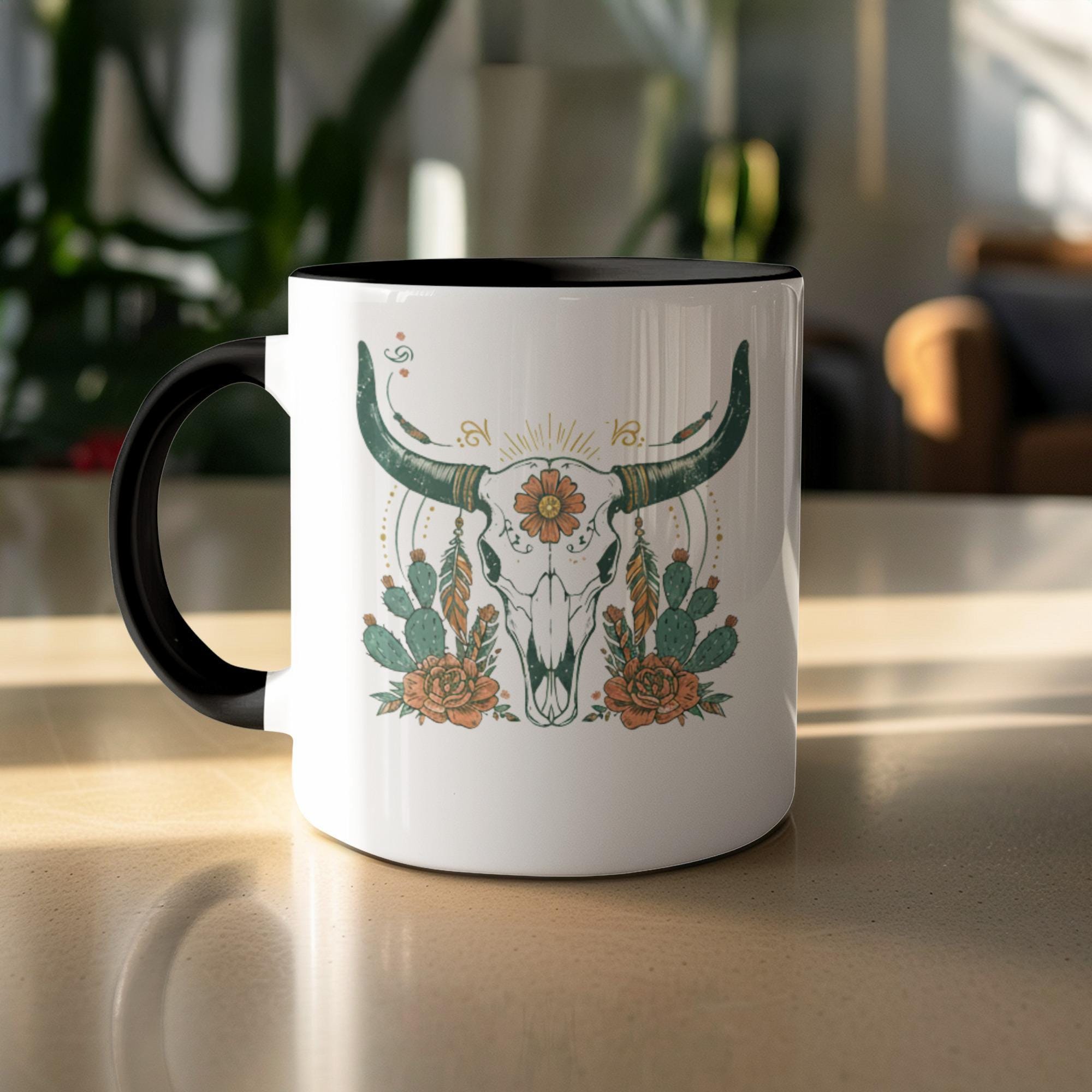 Bull Skull Rose Mug, Western Cow Skull Coffee Cup, Boho Decor Mug, Country Style Drinkware, Southwestern Art Mug, Gift for Her
