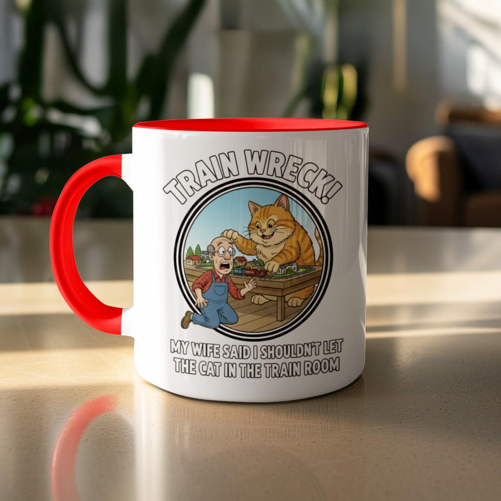 Funny Train Wreck Mug, Cat Lover Gift, Train Room Humor Cup, Unique Railway Enthusiast Present, Cute Cat Coffee Mug for Men