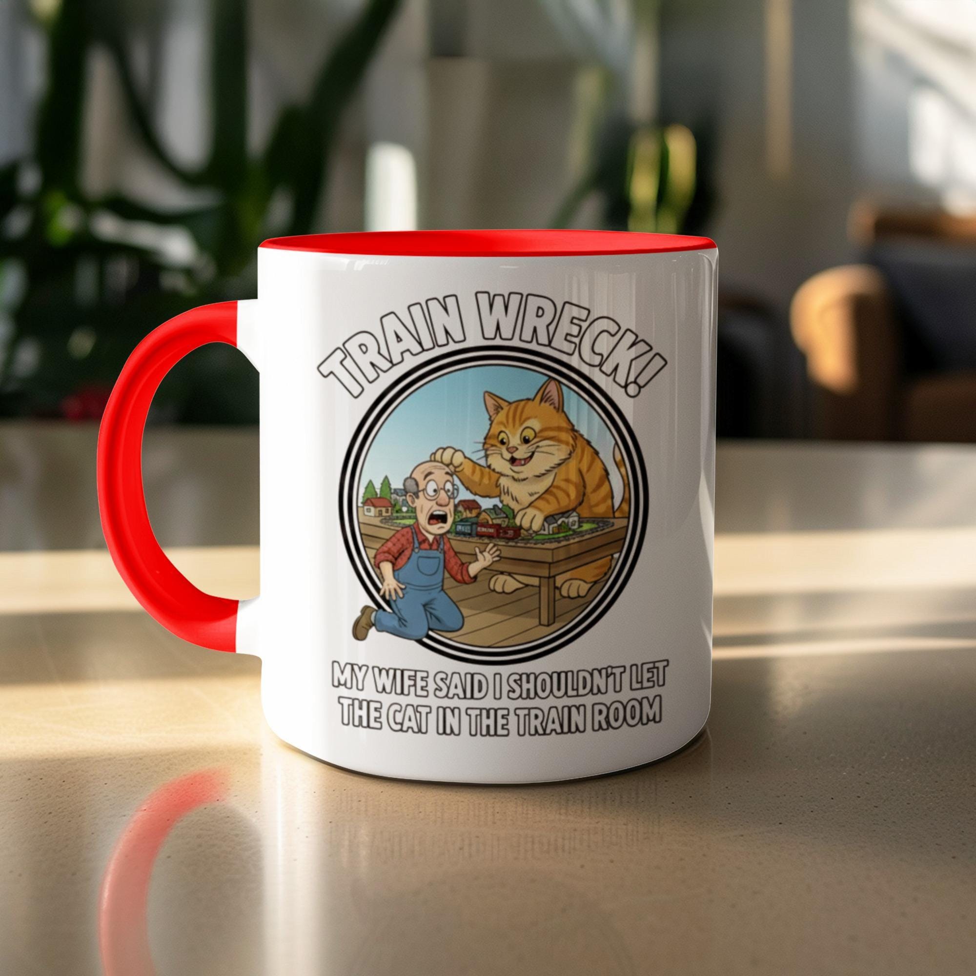 Funny Train Wreck Mug, Cat Lover Gift, Train Room Humor Cup, Unique Railway Enthusiast Present, Cute Cat Coffee Mug for Men