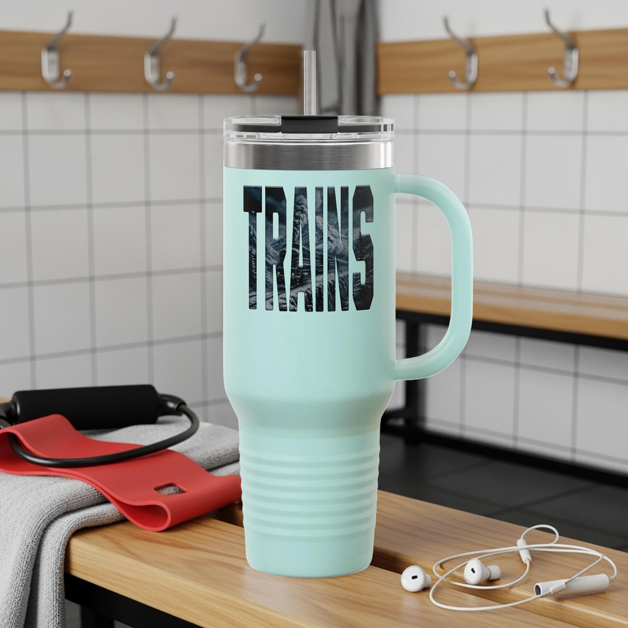 Trains Travel Mug, Large Coffee Thermos, Insulated Tumbler with Handle, Unique Gift for Train Lovers, Double Wall Cup for Hot Drinks