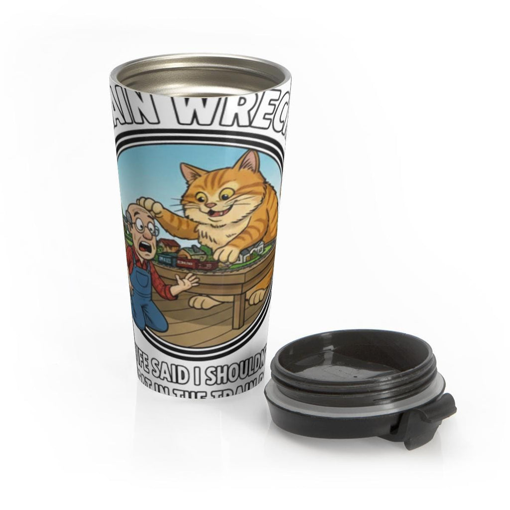 Funny Cat Travel Mug, Train Wreck Humor Mug, Gift for Cat Lovers, Travel Coffee Tumbler, Stainless Steel Insulated Flask