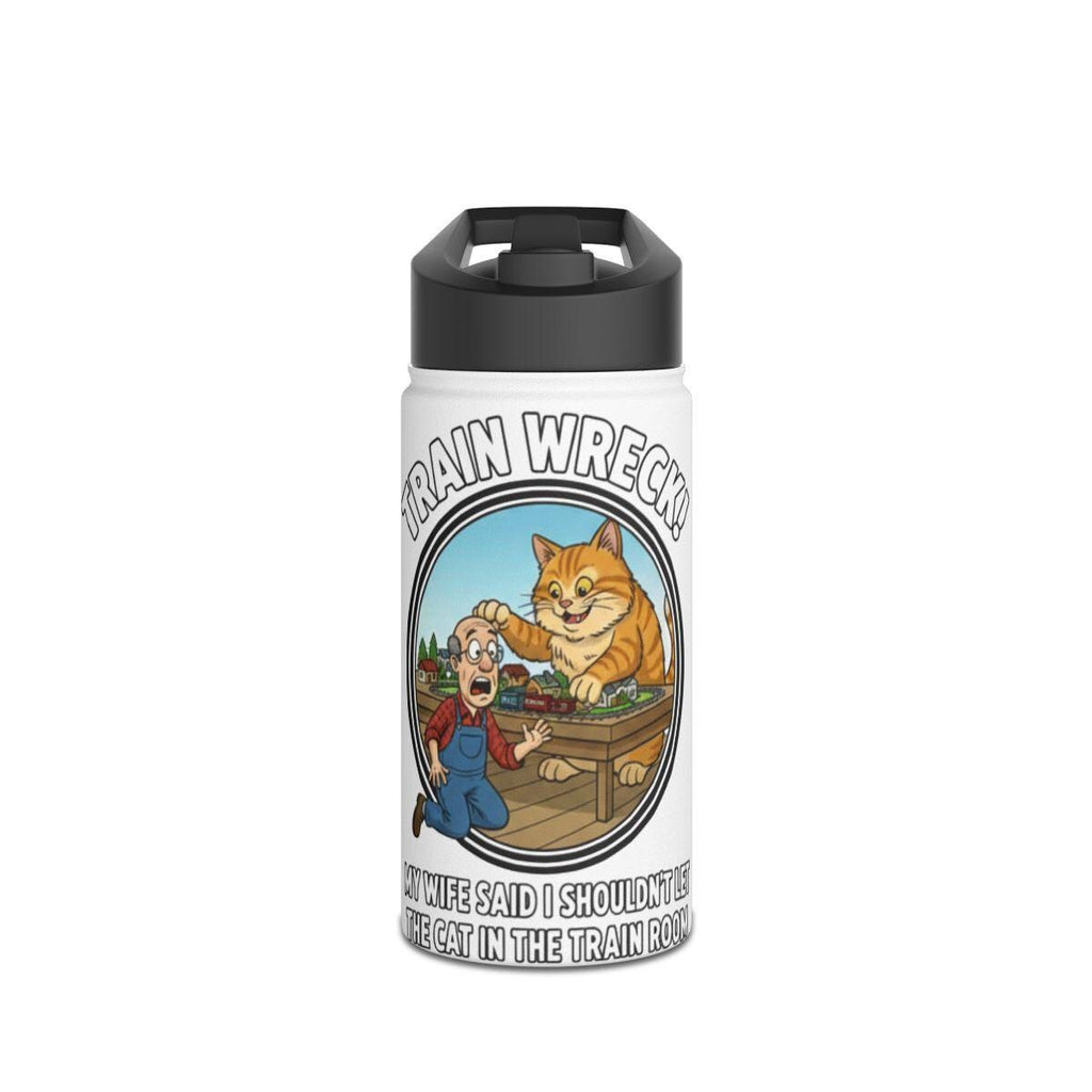 Train Wreck Funny Train Cat Design Water Bottle, Humorous Train Lover Gift, Unique Train Enthusiast Present, Cat Themed Train Art
