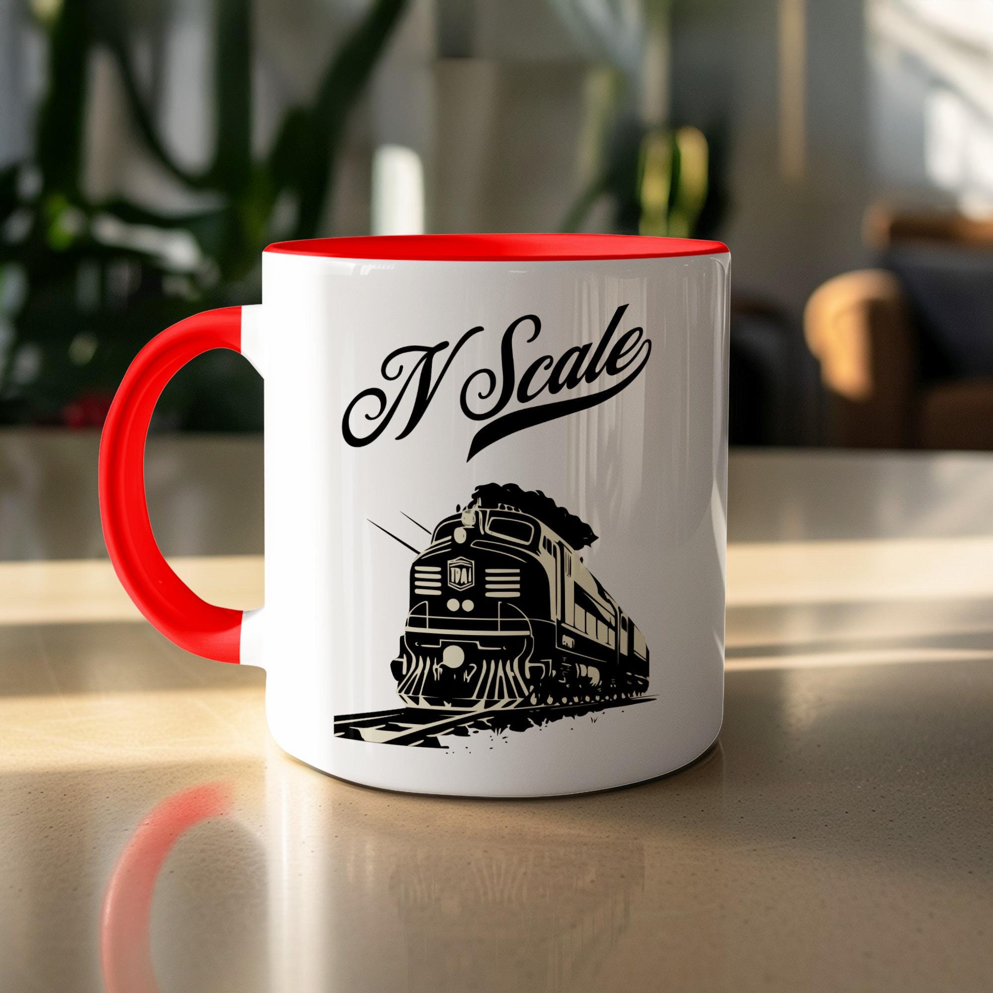 Train Lover Coffee Mug, N Scale Train Design Mug, Retro Train Drinkware, Perfect Gift for Train Enthusiasts, Red Handle