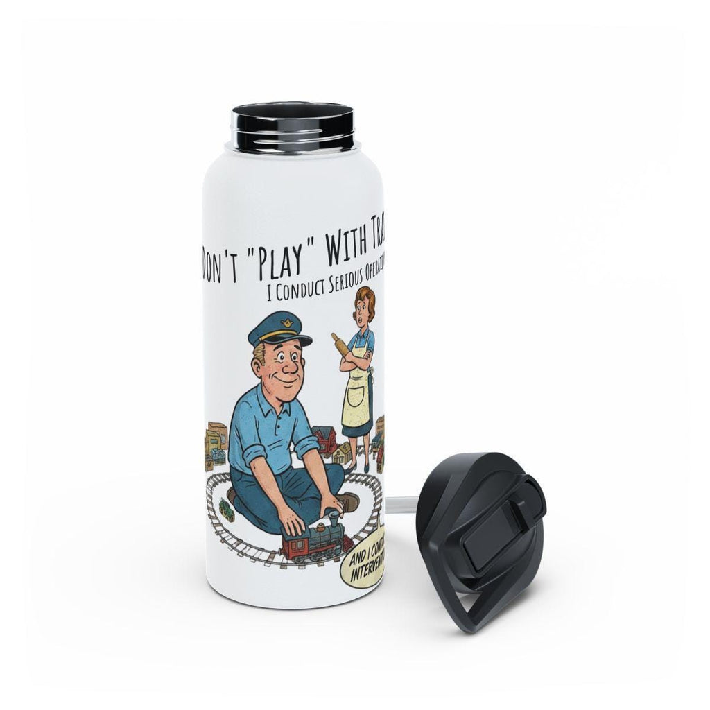 Funny Retro Train Conductor Water Bottle, Unique Travel Mug Gift, Vintage Inspired Train Lover, Humorous Cartoon Thermos