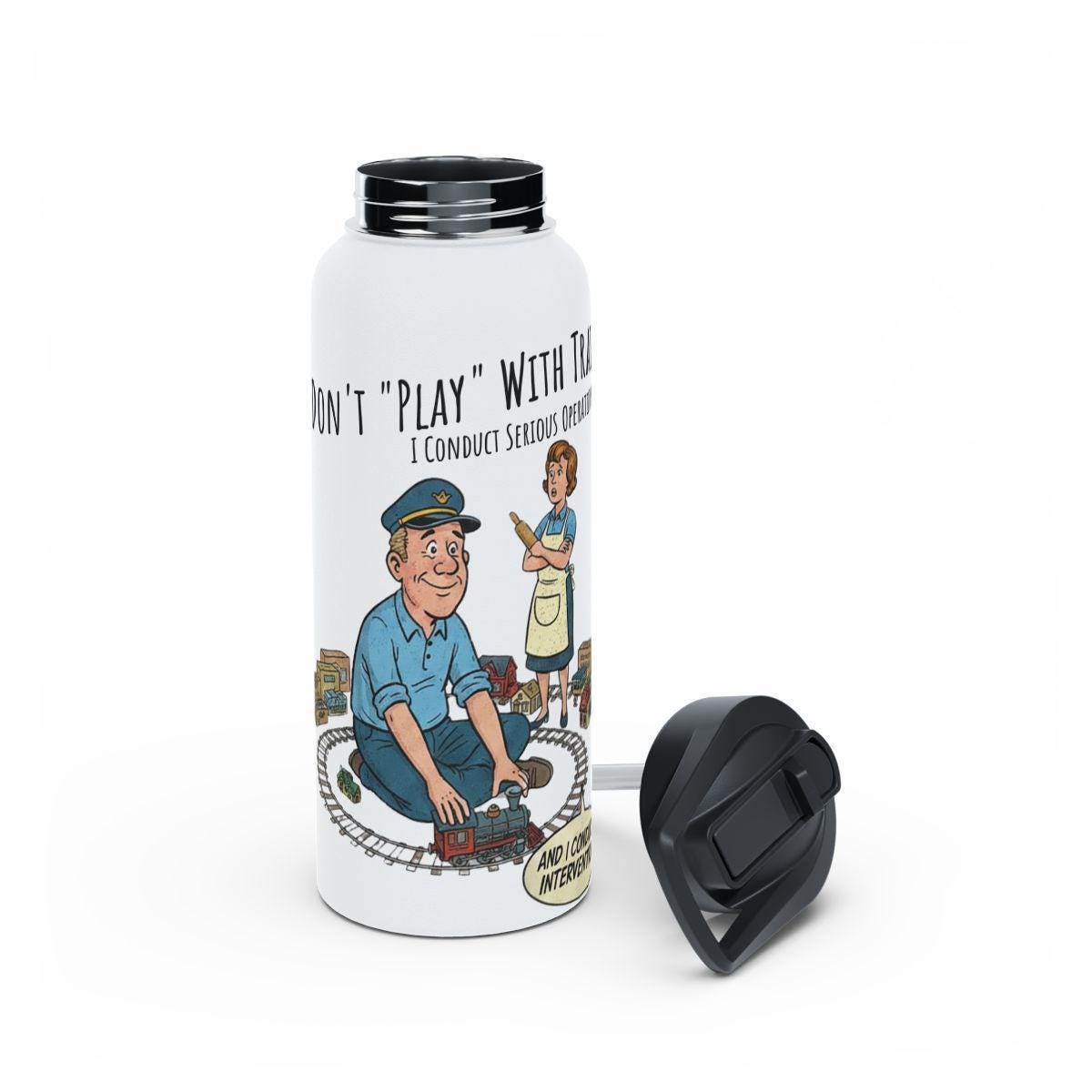 Funny Retro Train Conductor Water Bottle, Unique Travel Mug Gift, Vintage Inspired Train Lover, Humorous Cartoon Thermos