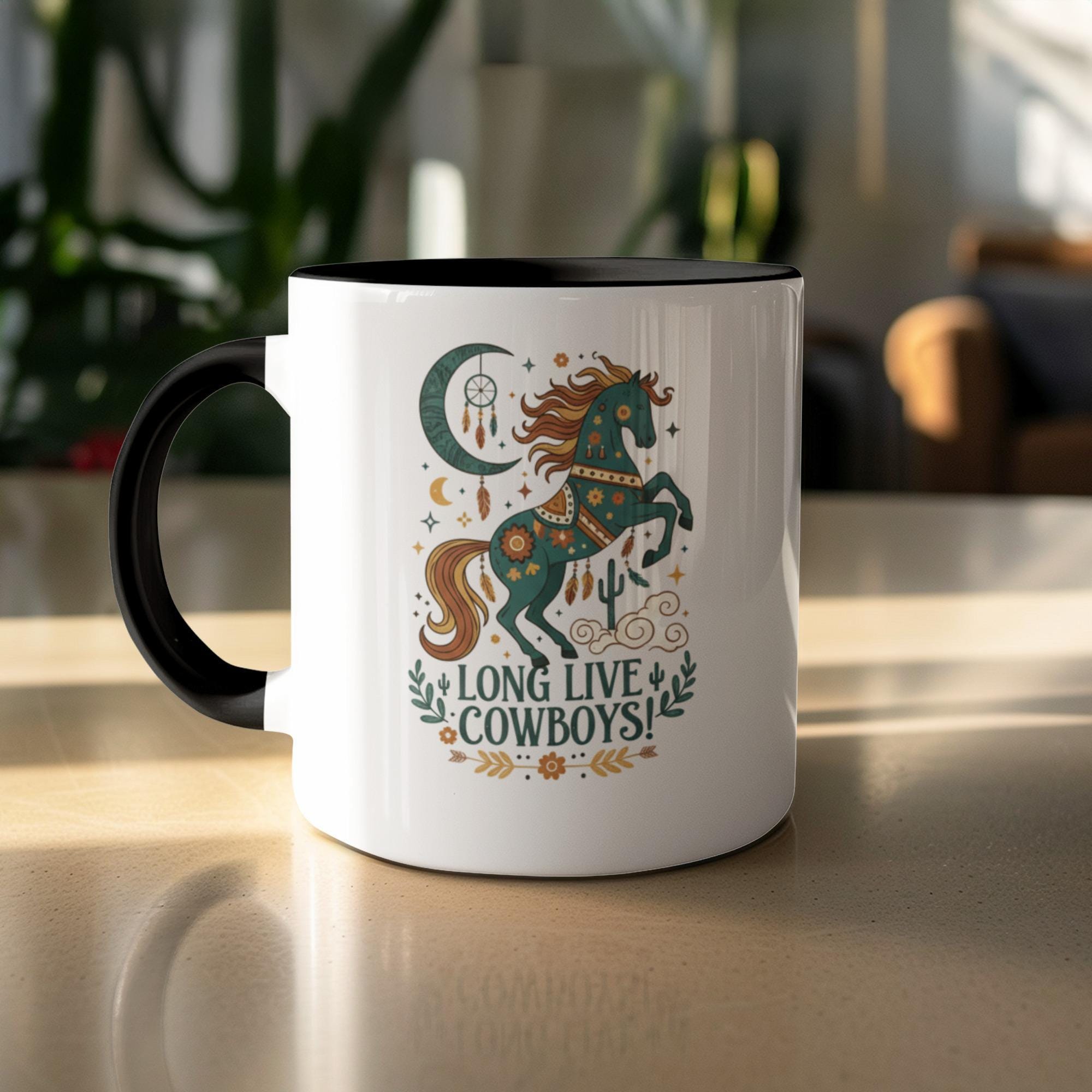 Long live cowboys mug, rustic cowboy coffee cup, unique horse design, western-themed beverage gift, country home decor