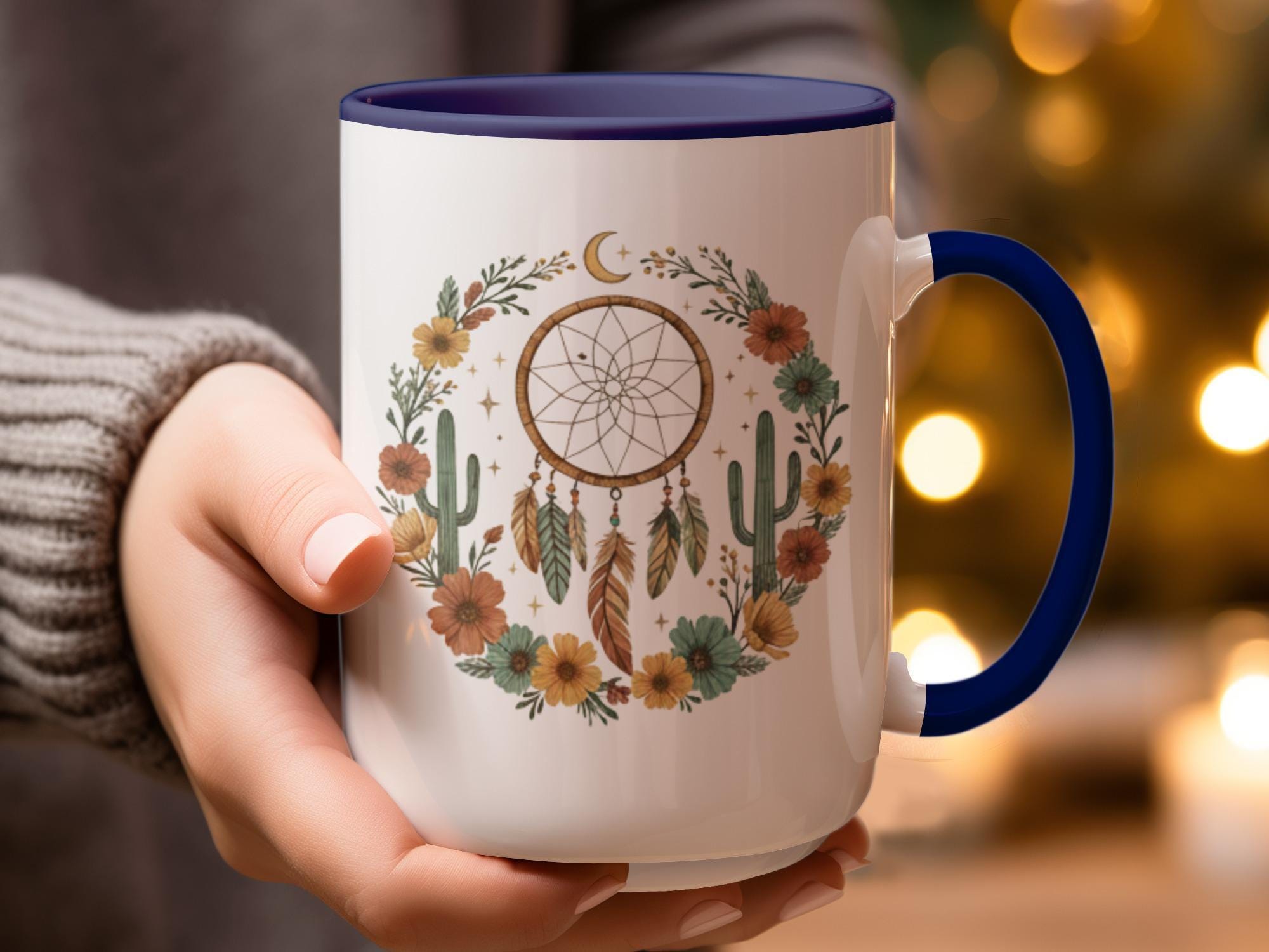 Dreamcatcher Floral Coffee Mug, Cactus and Moon Design, Boho Chic Mug, Inspiring Daily Use, Unique Gift Idea for Coffee Lovers