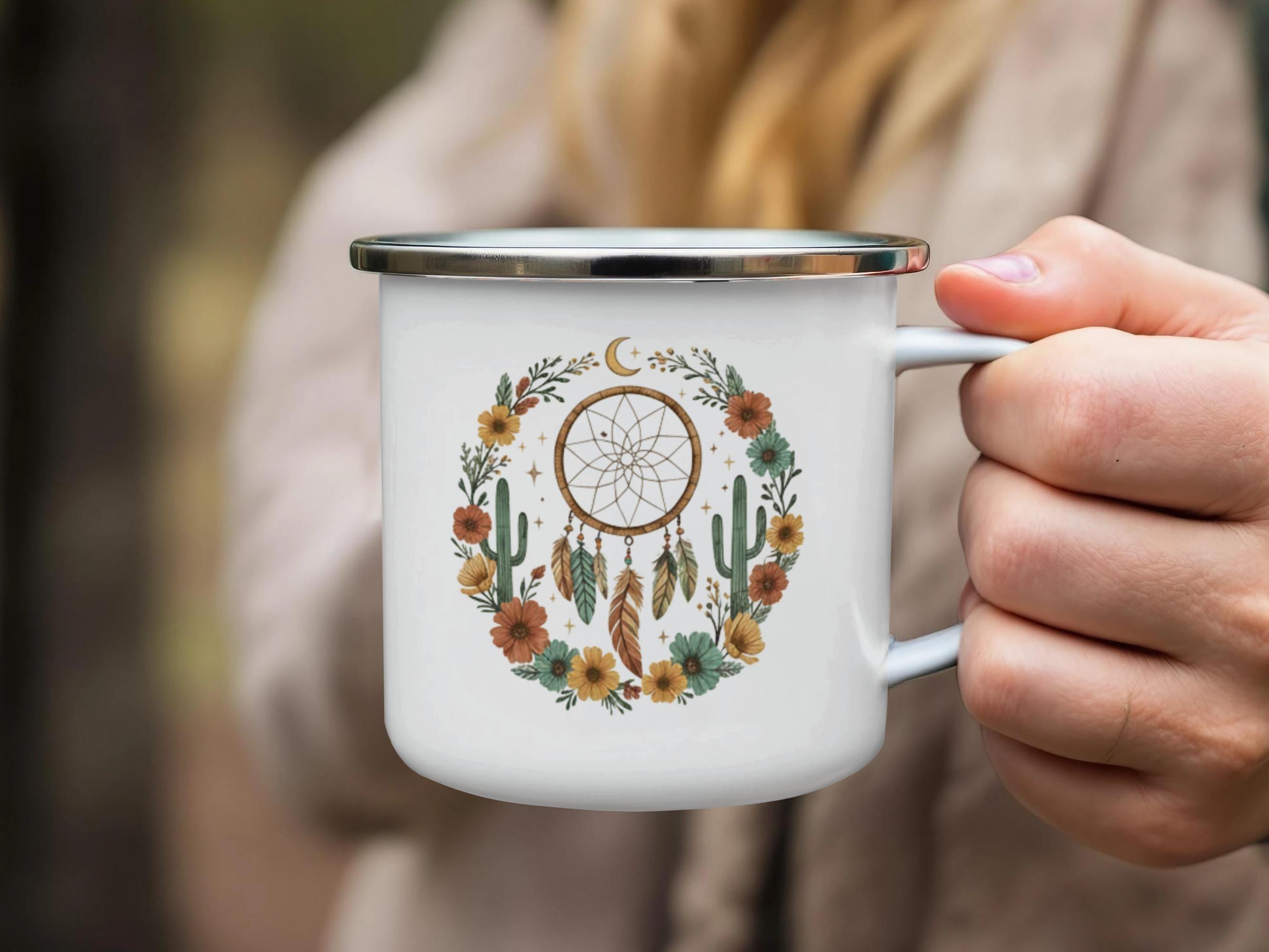 Dreamcatcher Cactus Floral Mug, Boho Coffee Cup, Dreamcatcher Enamel Mug, Floral Campfire Mug, Cactus Drinkware, Outdoor Mug Gift