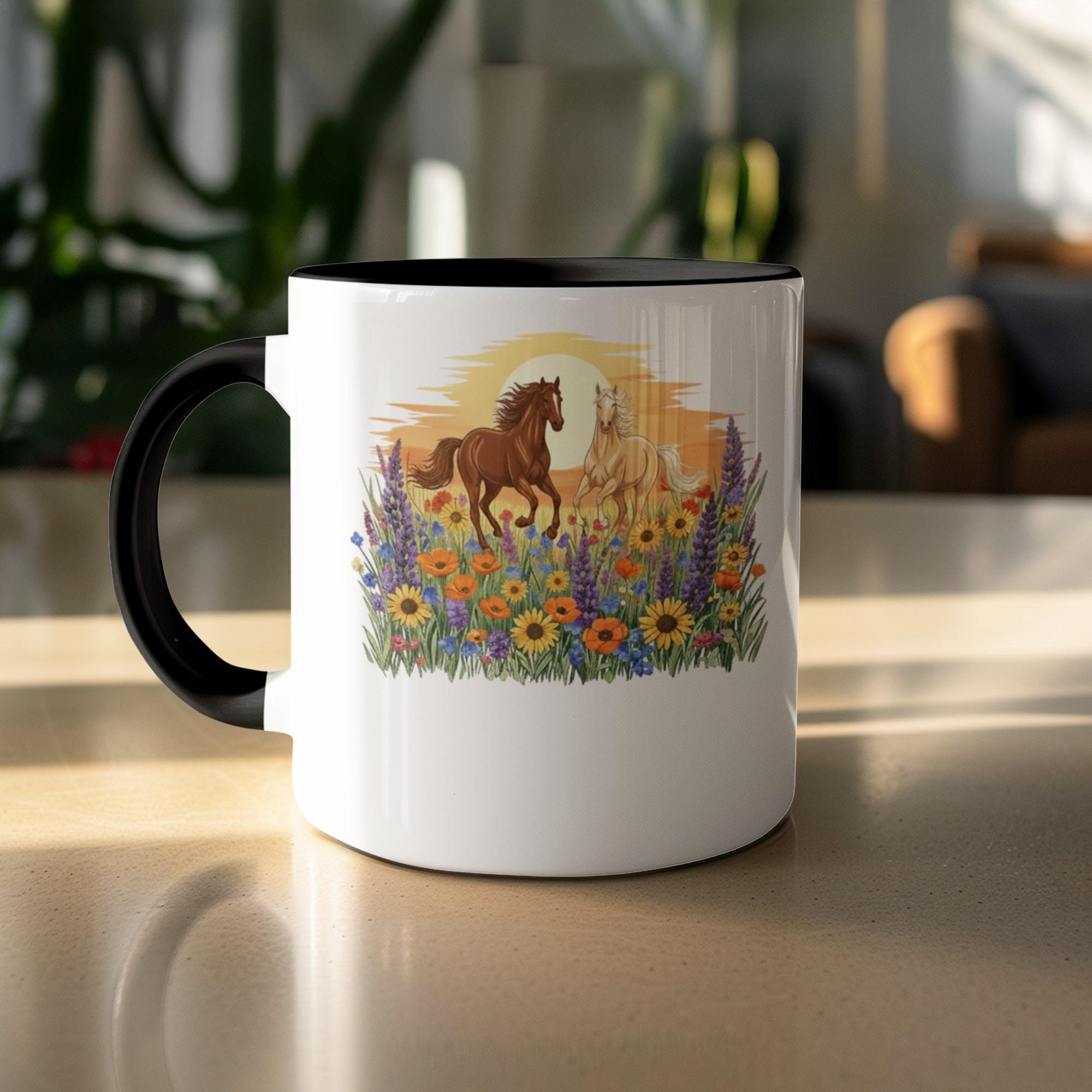 Horse coffee mug, Nature horse mug, Wild horse lover gift, Sunset horse mug, Floral horse cup, Equestrian drinkware