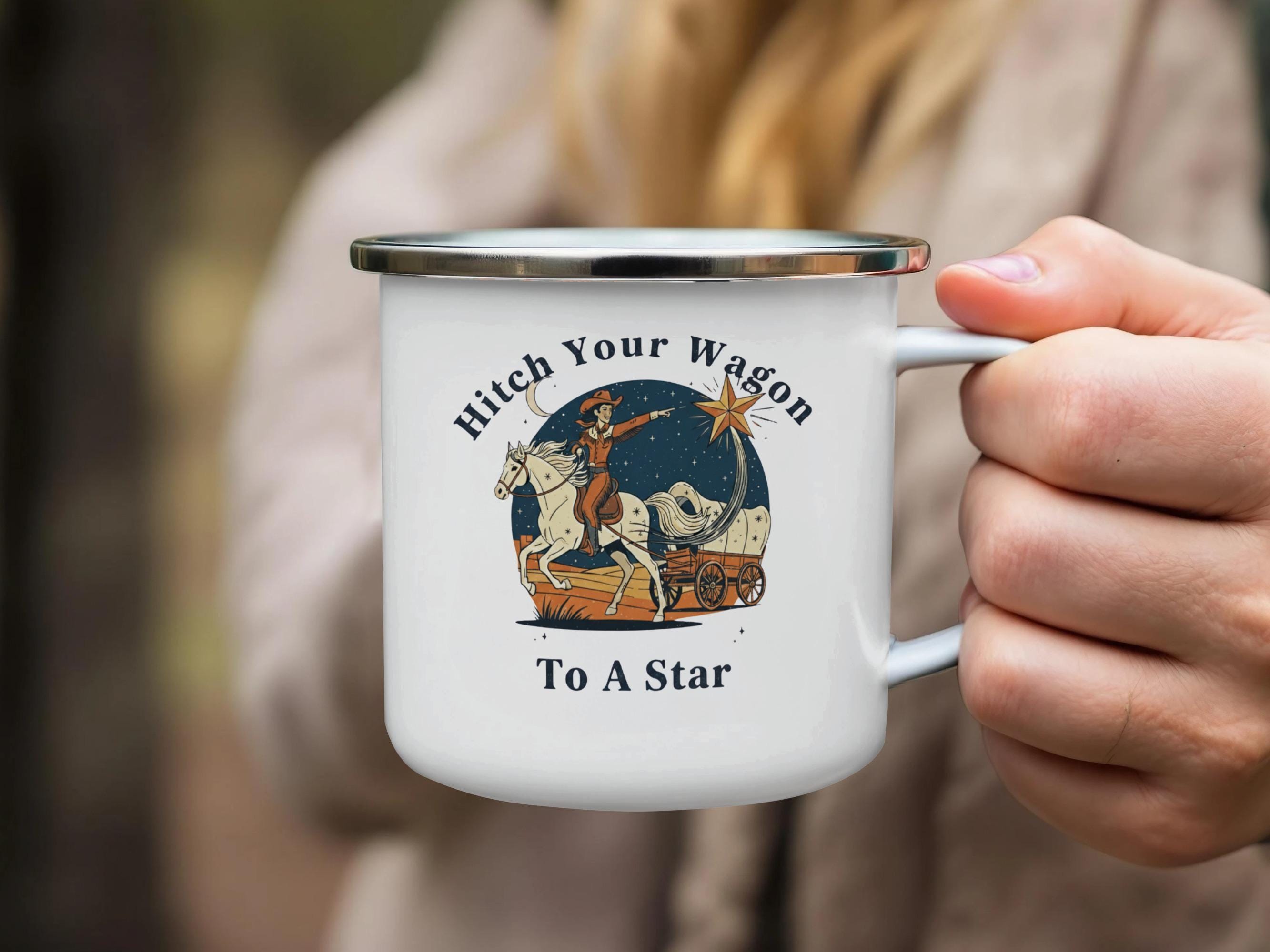 Hitch Your Wagon To A Star Mug, Cowboy Enamel Mug, Adventure Inspiration Cup, Western Theme Camping Mug, Retro Travel Mug Gift