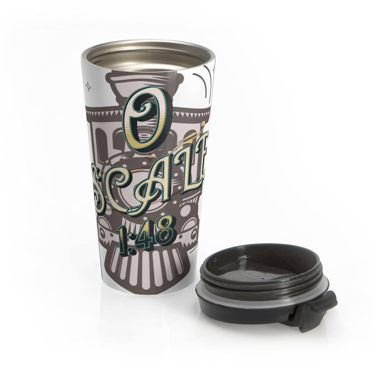 O Scale 148 Travel Mug, Train Enthusiast Gift, Vintage Railway Coffee Tumbler, Steam Engine Art Cup, Train Lover Drinkware