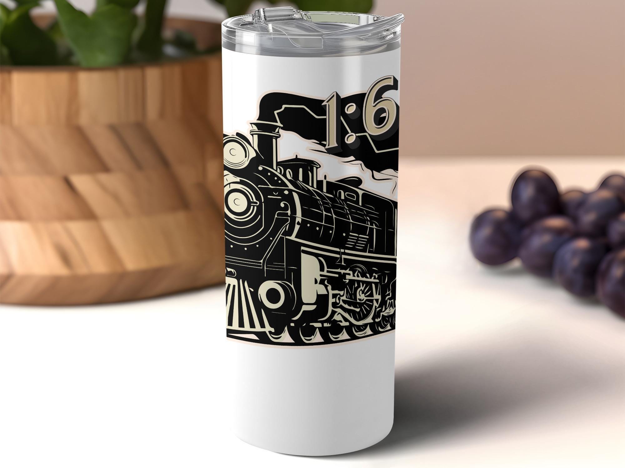 Vintage Train Travel Tumbler, Classic Locomotive Design, Gift for Train Enthusiast, Retro Train Art, Unique Railroad Collector Item