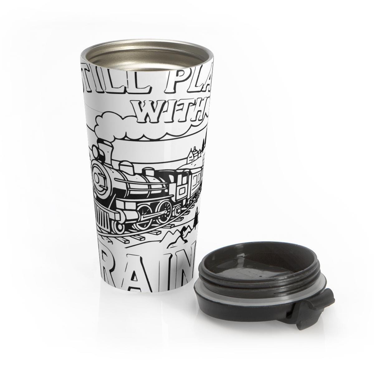 Train Themed Travel Mug, Fun Locomotive Design Tumbler, Portable Coffee Cup, Black and White Train Artwork, Reusable Drinkware