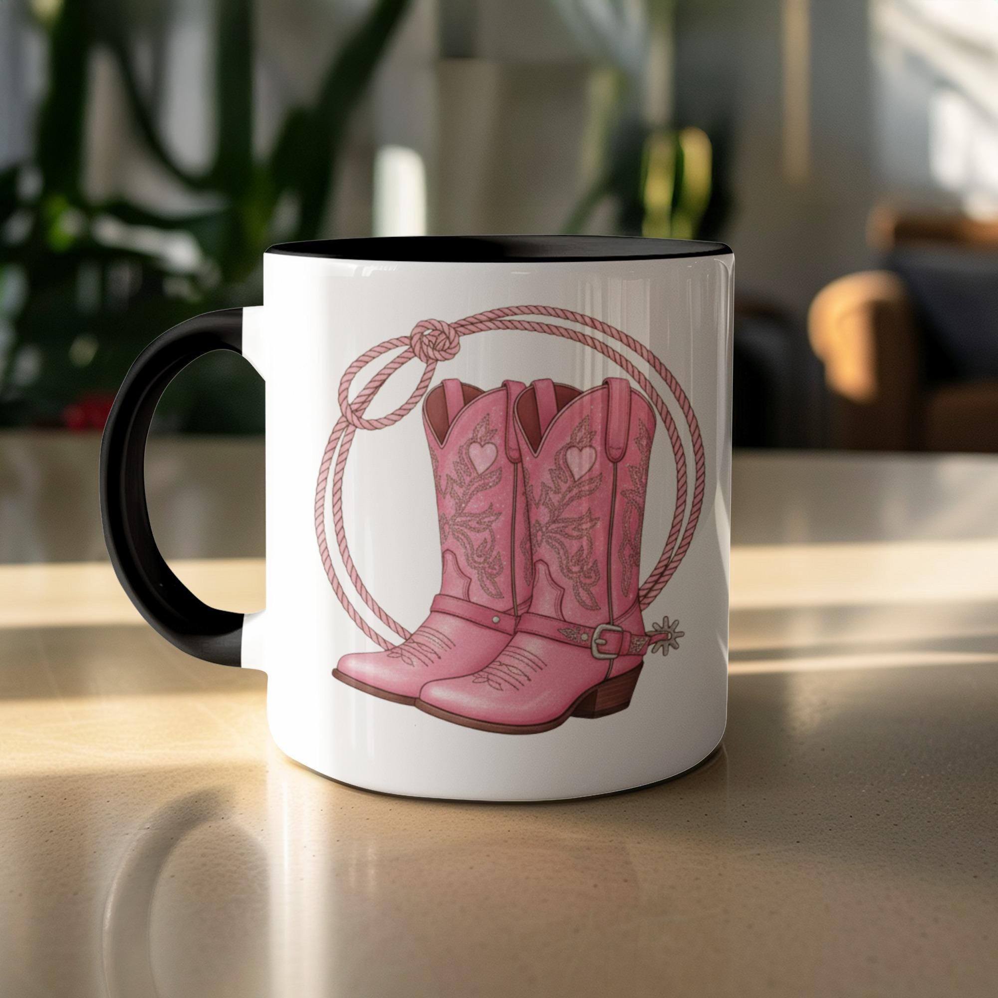 Pink Cowboy Boots Mug, Western Coffee Cup, Country Style Gift, Rodeo Lover, Ranch Decor, Cowboy Boot Design, Rustic Kitchen Accessory