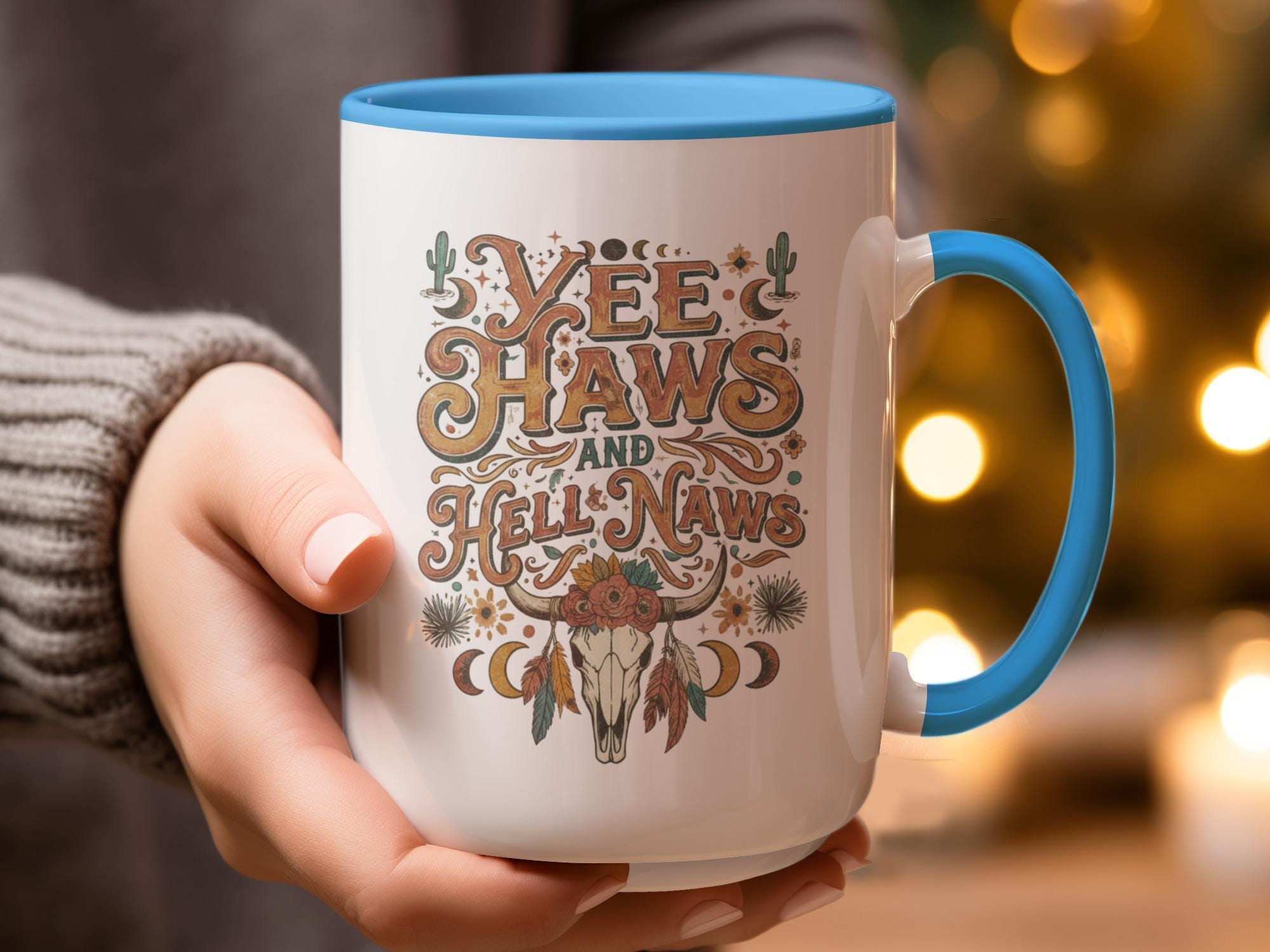 Yee haws and hell naws cowboy mug, funny western coffee cup, cowgirl gift, ranch themed drinkware, country life mug, blue HandLE