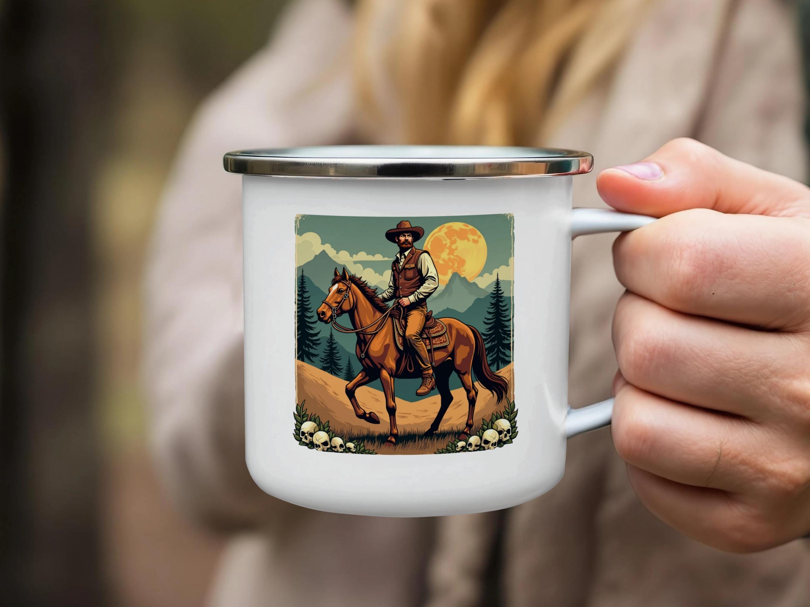 Vintage Cowboy Horse Riding Adventure Enamel Mug, Outdoor Camping Travel Cup, Western Themed Coffee Mug, Rustic Gift Idea