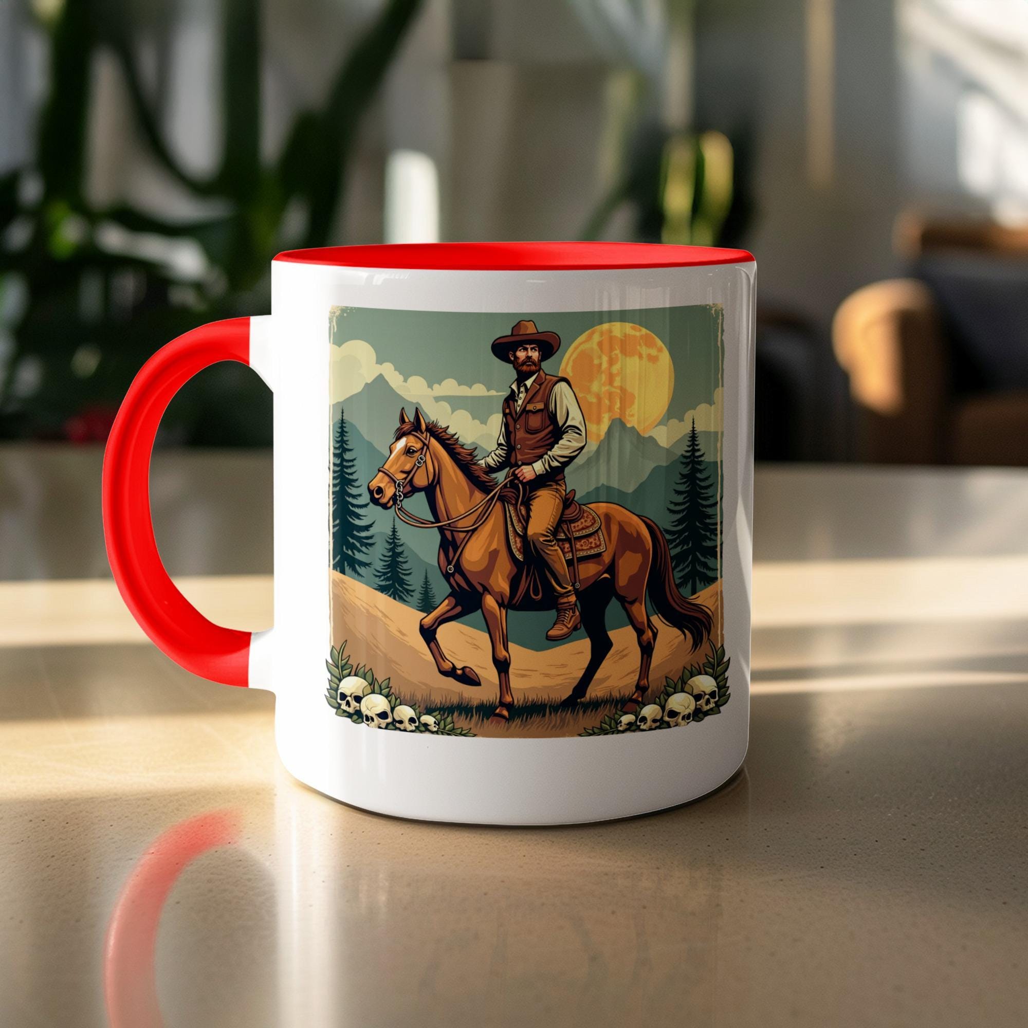 Cowboy riding horse under moonlight, Wild West adventure mug, Western art coffee cup, Unique gift for cowboys, Vintage style mug