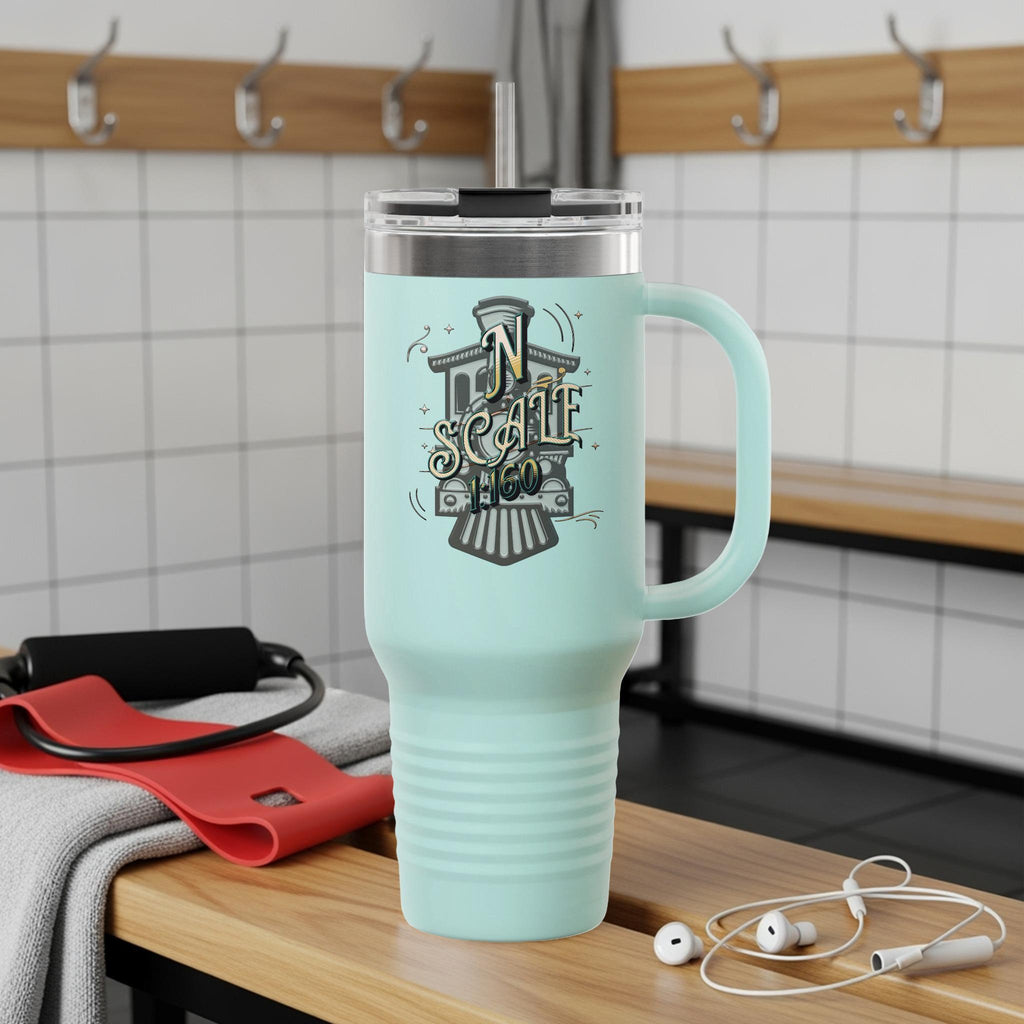 N Scale Railroad Train Themed Tumbler With Handle, Double Wall Insulated Coffee Mug for Train Lovers, Unique Gift Idea