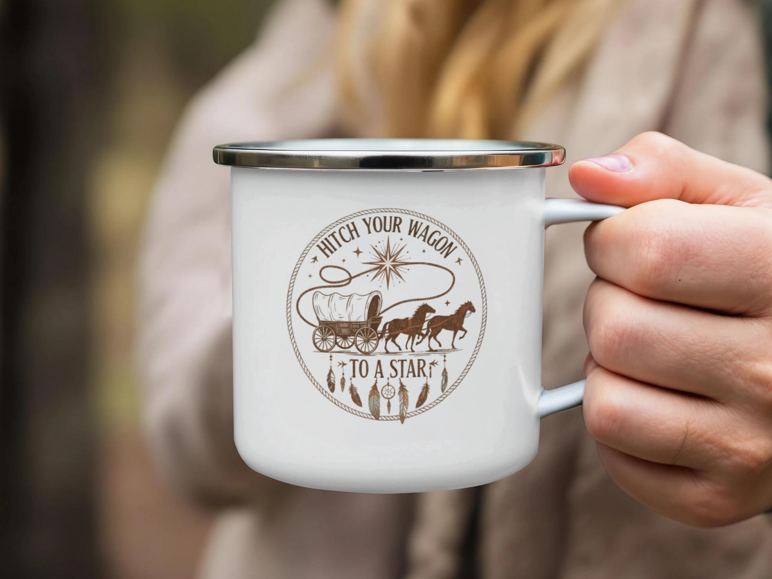 Hitch Your Wagon to a Star Mug, Inspirational Enamel Campfire Mug, Rustic Adventure Coffee Cup, Vintage Outdoor Camping Mug