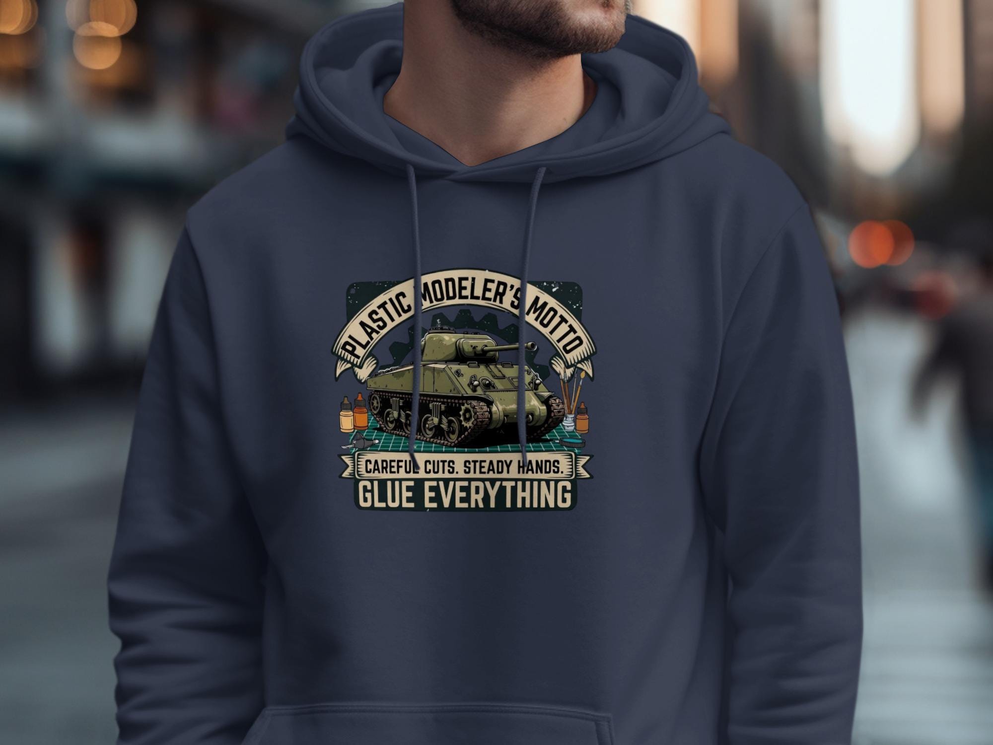 Plastic Modeler's Motto Hoodie, Funny Tank Model Enthusiast Gift, Glue Everything Design, Unique Hobby Sweatshirt, Steady Hands