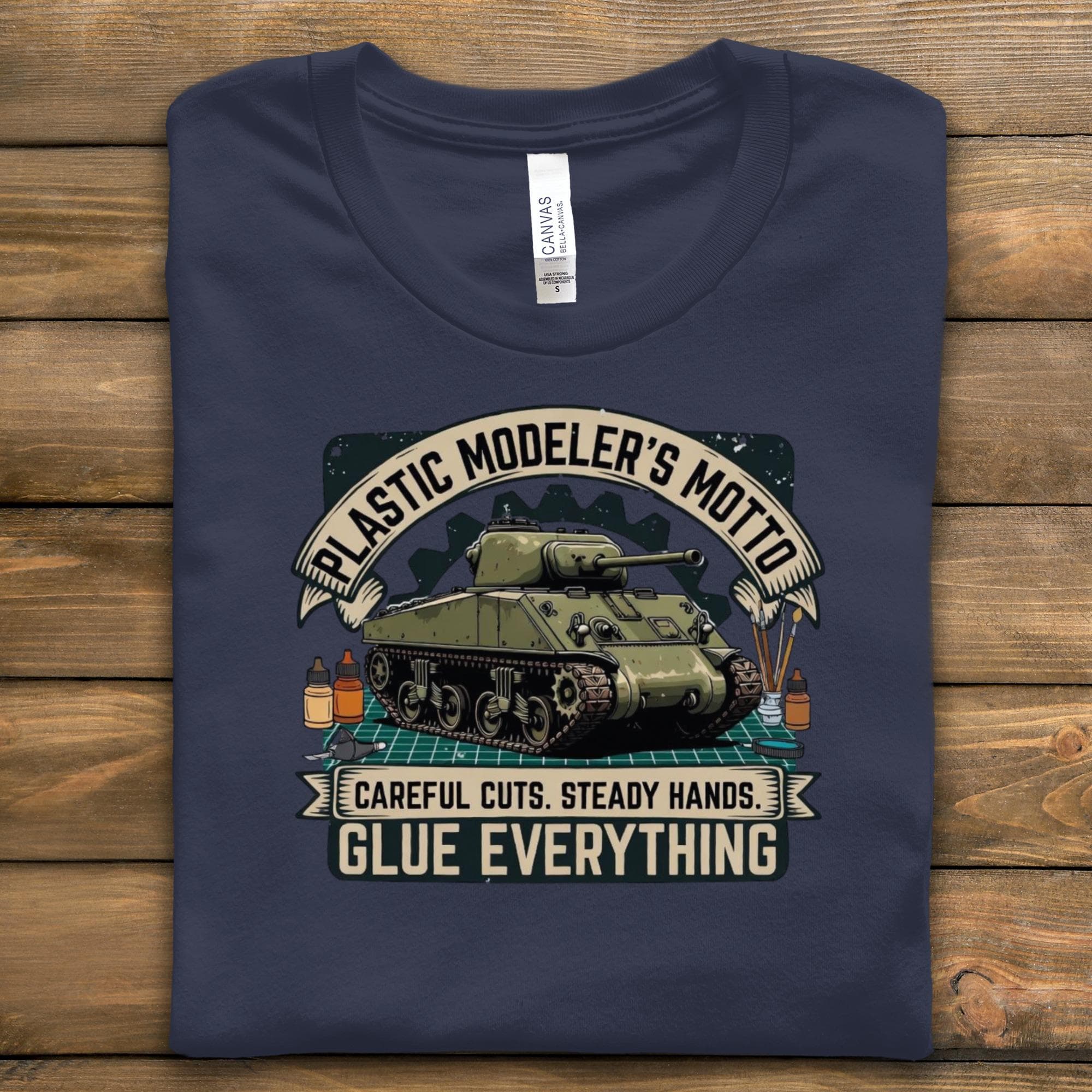 Plastic Modeler's Motto Shirt, Careful Cuts Steady Hands Glue Everything, Model Building Gift, Hobby Enthusiast Tee