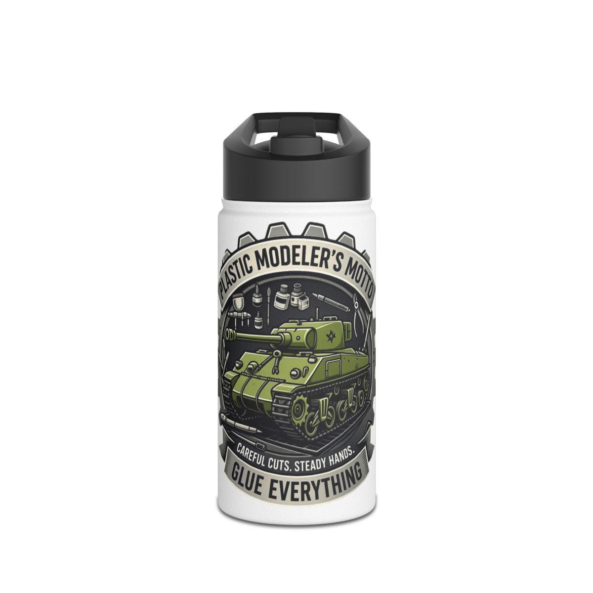 Plastic Modeler's Moto Tank Design, Glue Everything, Careful Cuts Steady Hands, Fun Gift for Model Builders, Unique Water Bottle